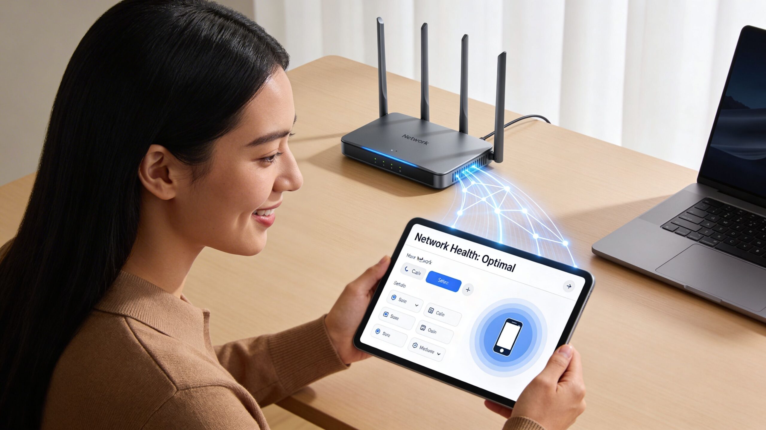 A woman using a tablet to monitor her home network health alongside a router and laptop.