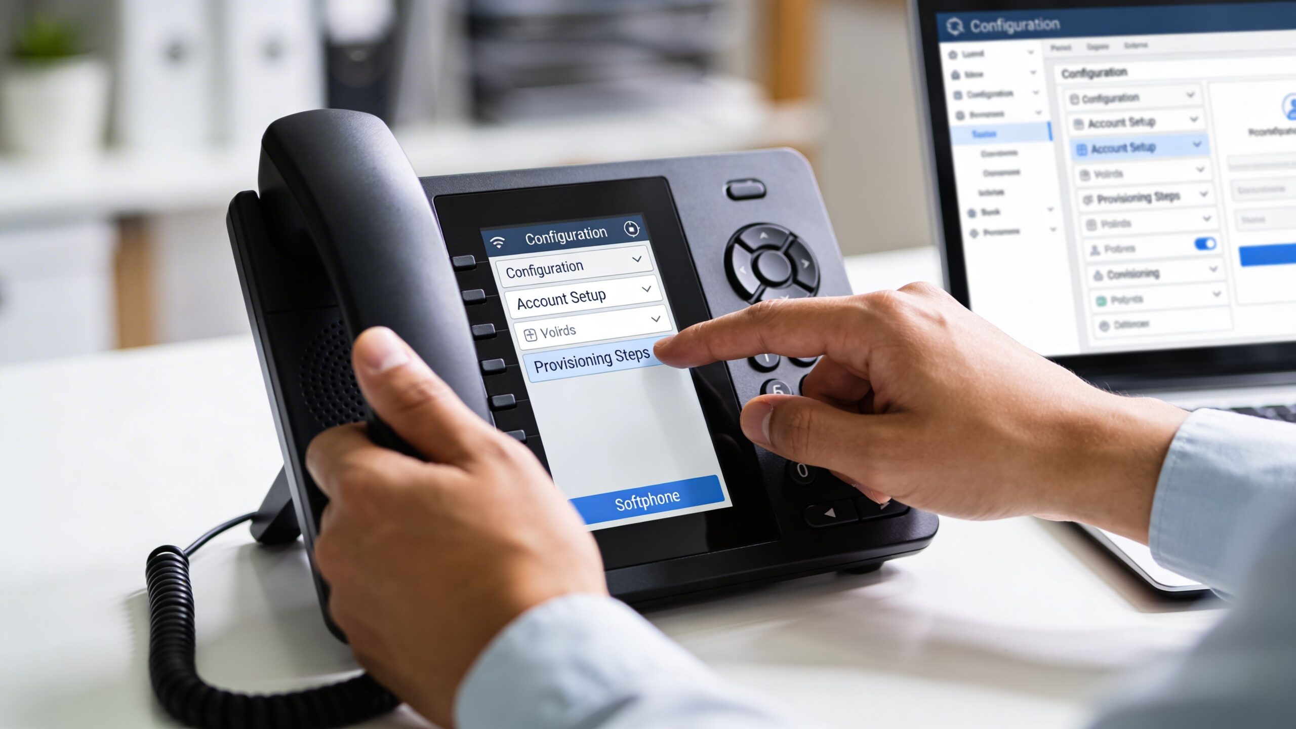 A person configuring a VoIP business phone settings using the touchscreen interface on a modern office desk.