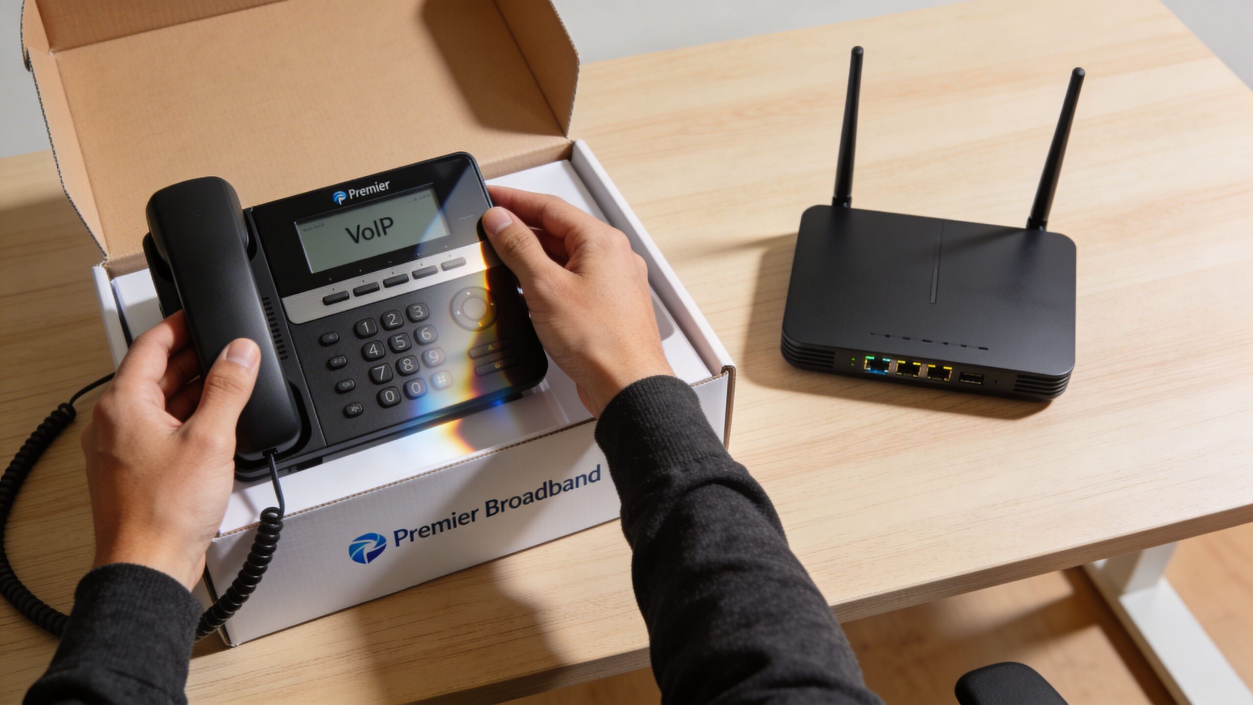 A person unboxing a new VoIP desk phone with a router sitting on a wooden desk nearby.