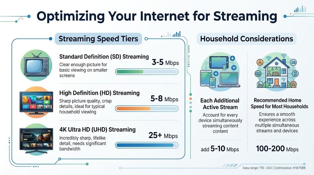 An infographic showing recommended internet speed tiers for streaming video in SD, HD, and 4K quality.