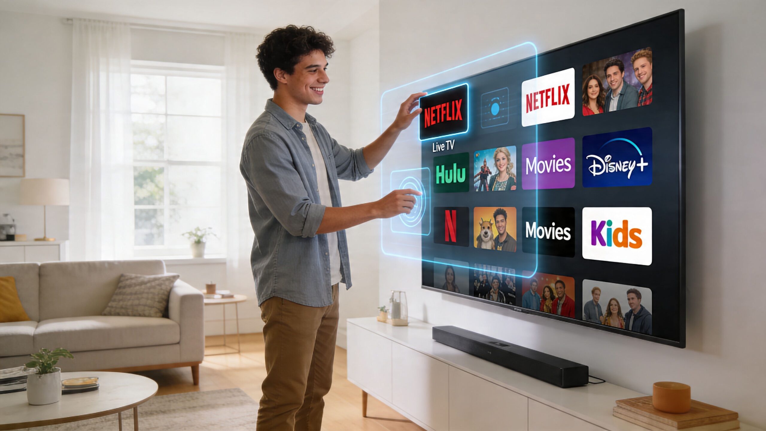 A young man interacting with a digital holographic menu on a large television screen in his living room.
