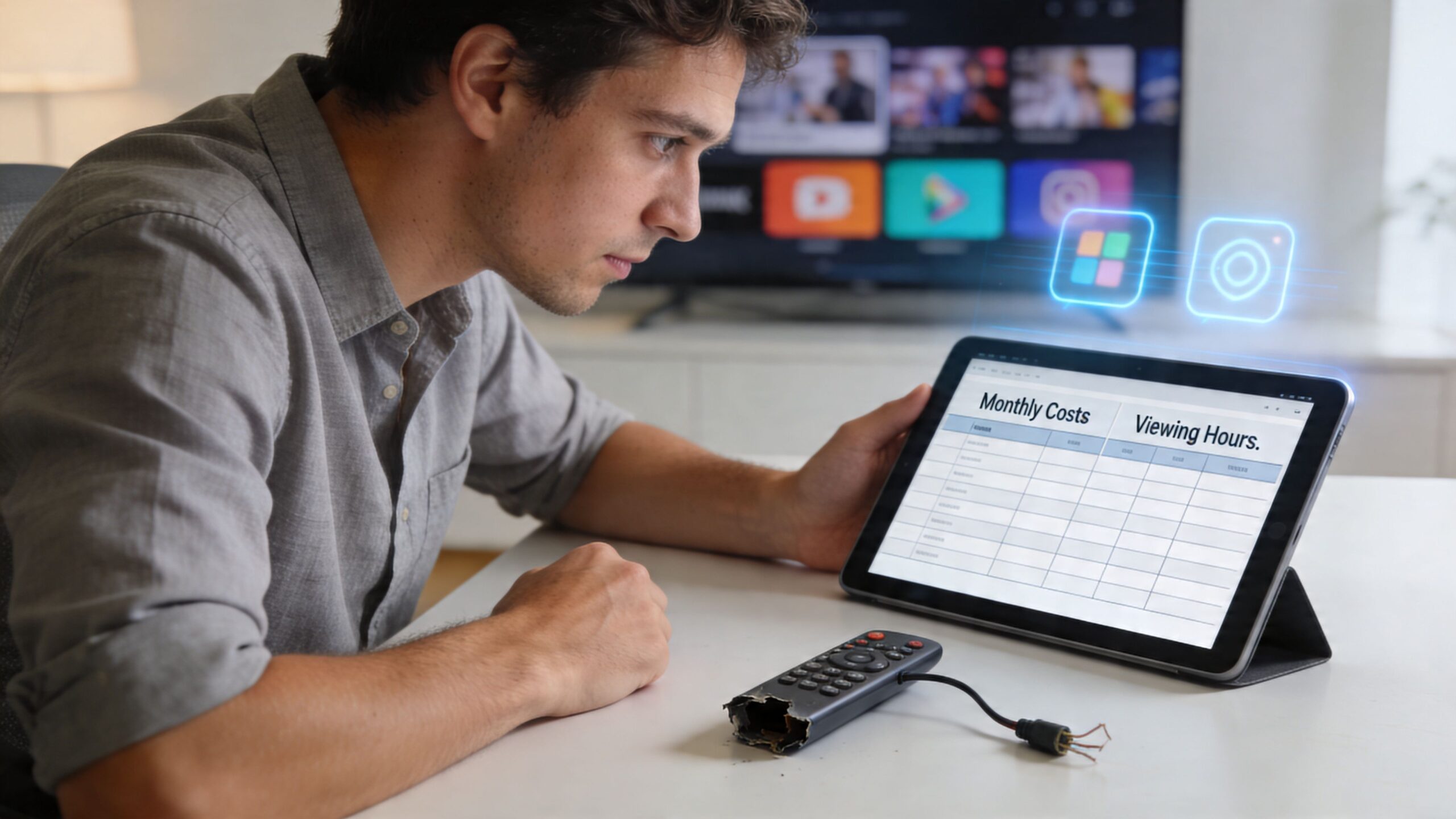 A man looks at a tablet displaying a spreadsheet about monthly costs and viewing hours.