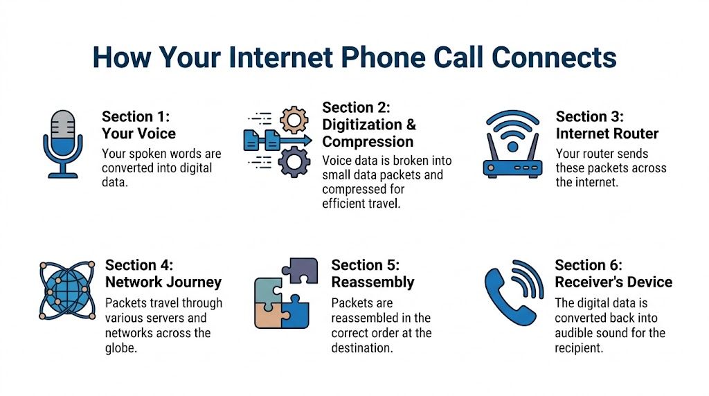 A diagram illustrating the six steps involved in how an internet phone call connects and transmits audio.