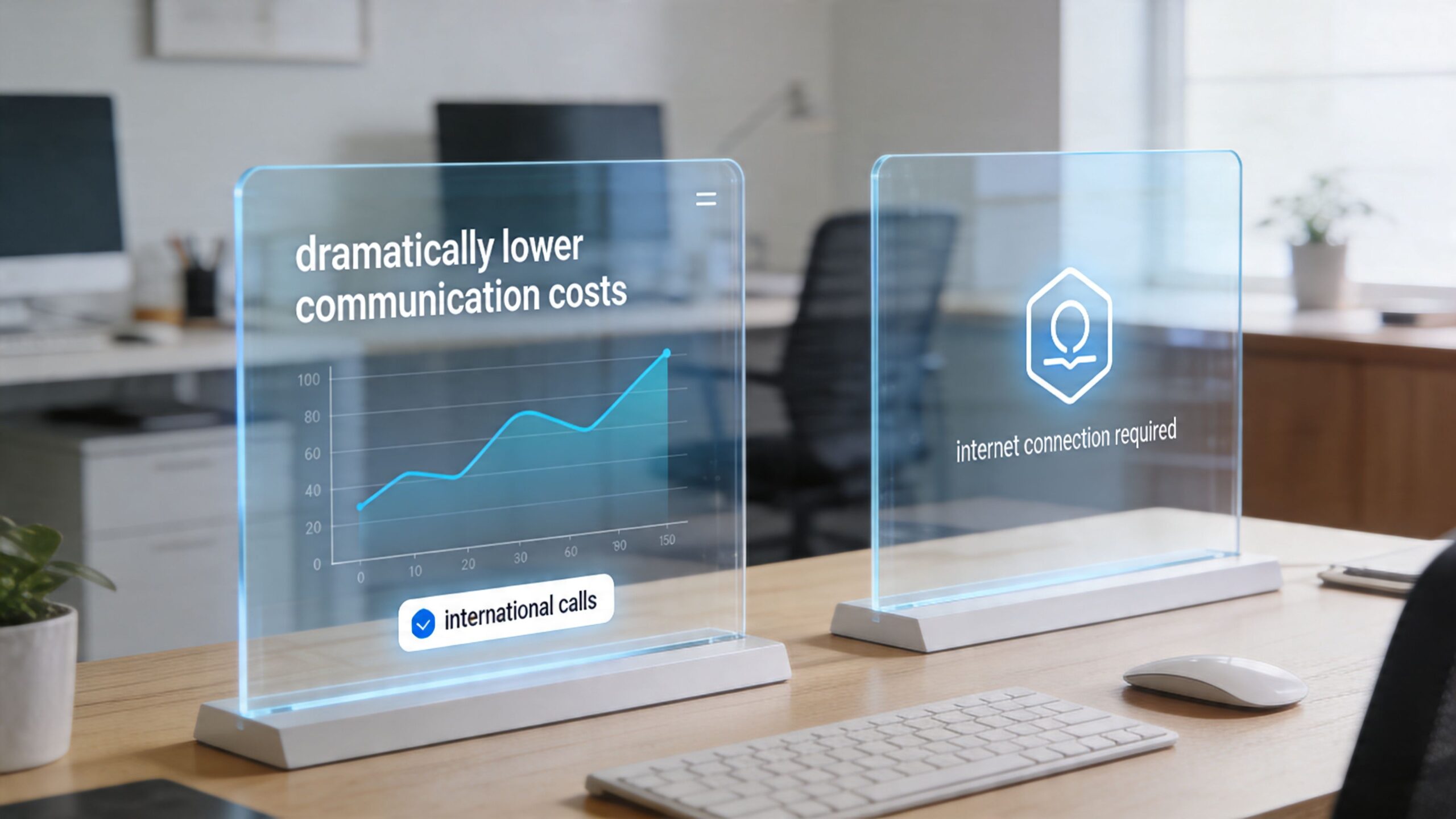 A digital desktop display with transparent glass screens showing a cost savings chart and internet requirements.