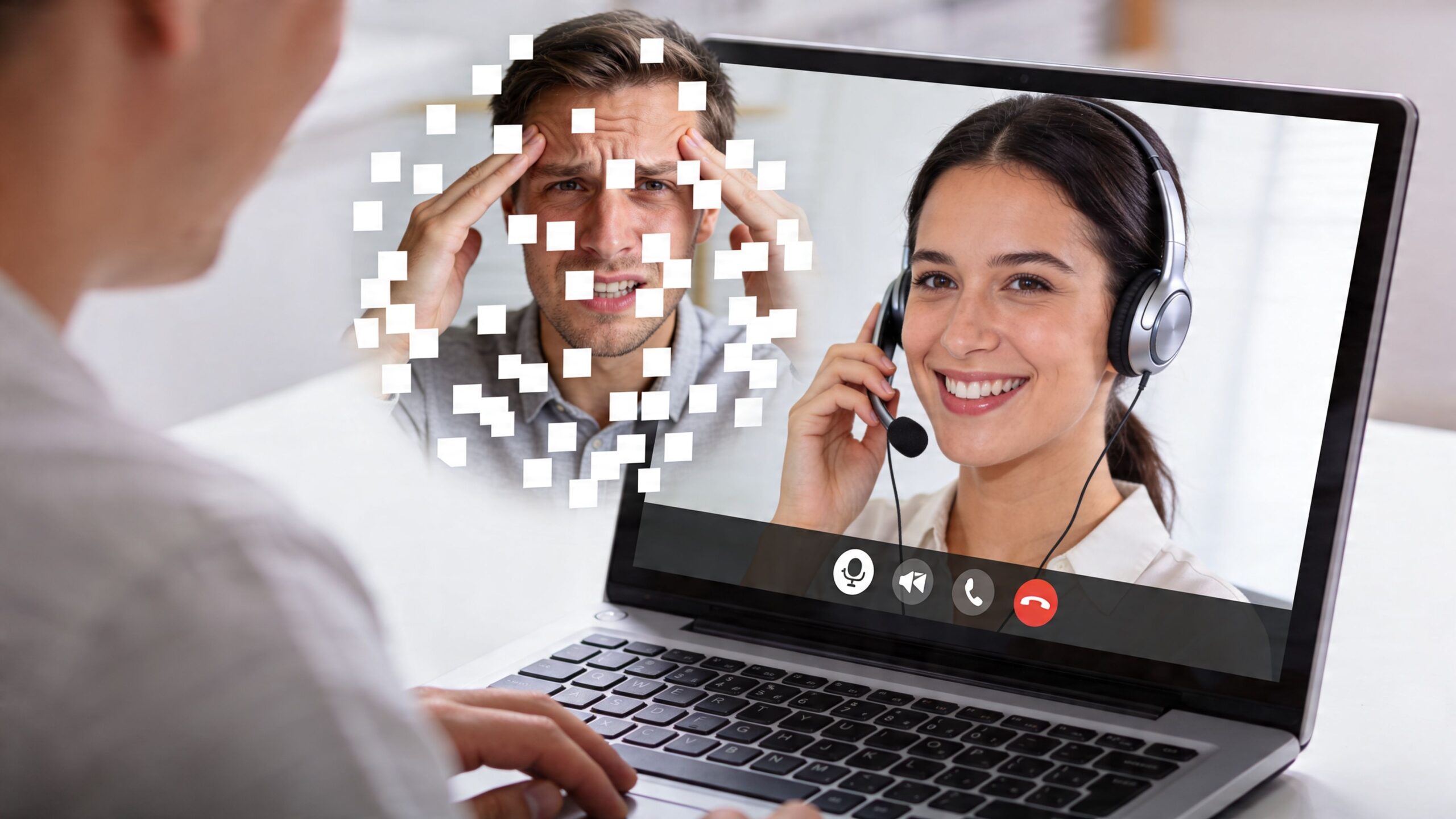 A person using a laptop for a video conference call with a customer support representative online.
