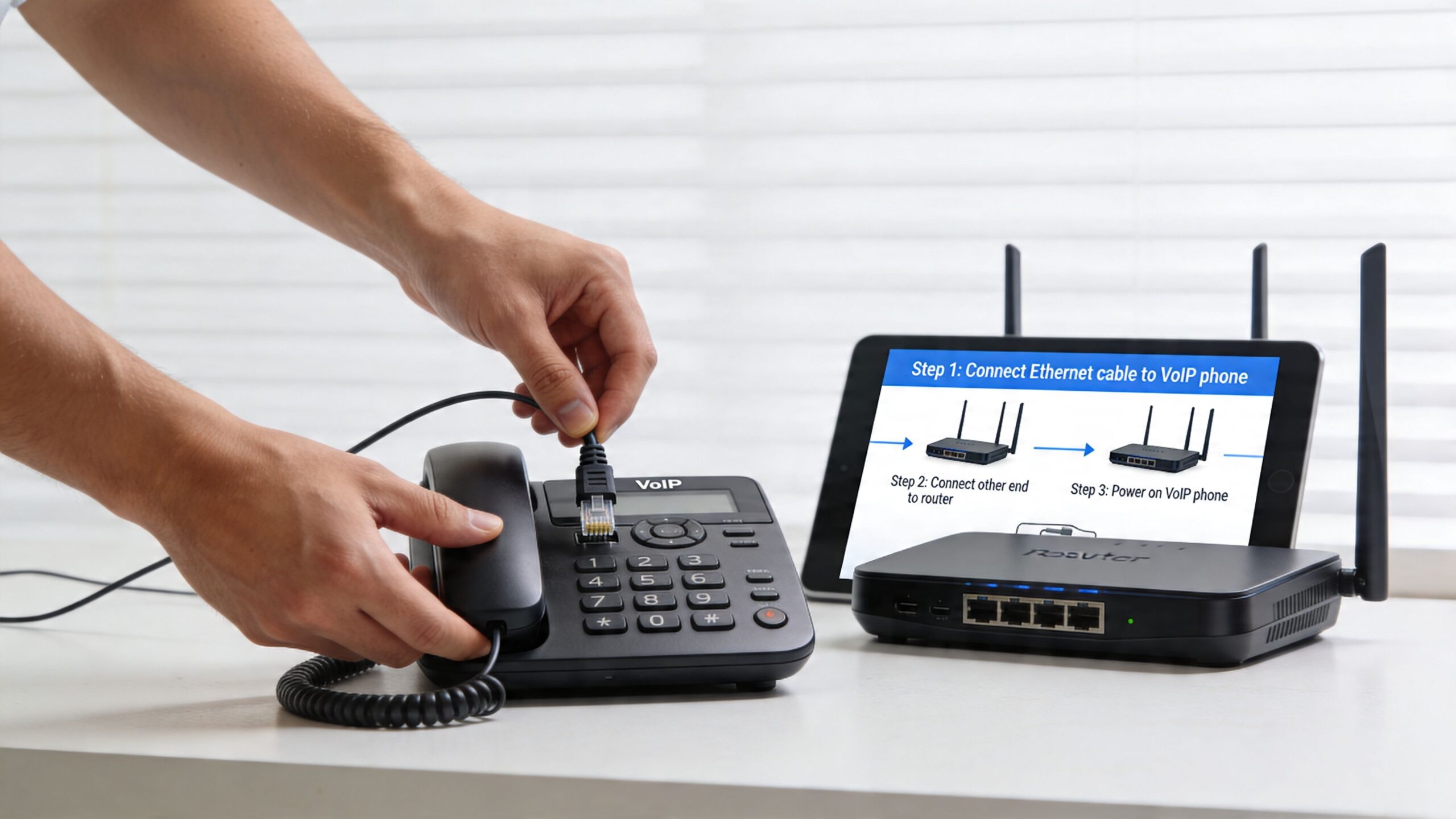 A person connecting an Ethernet cable to a VoIP desk phone with setup instructions displayed on a tablet.