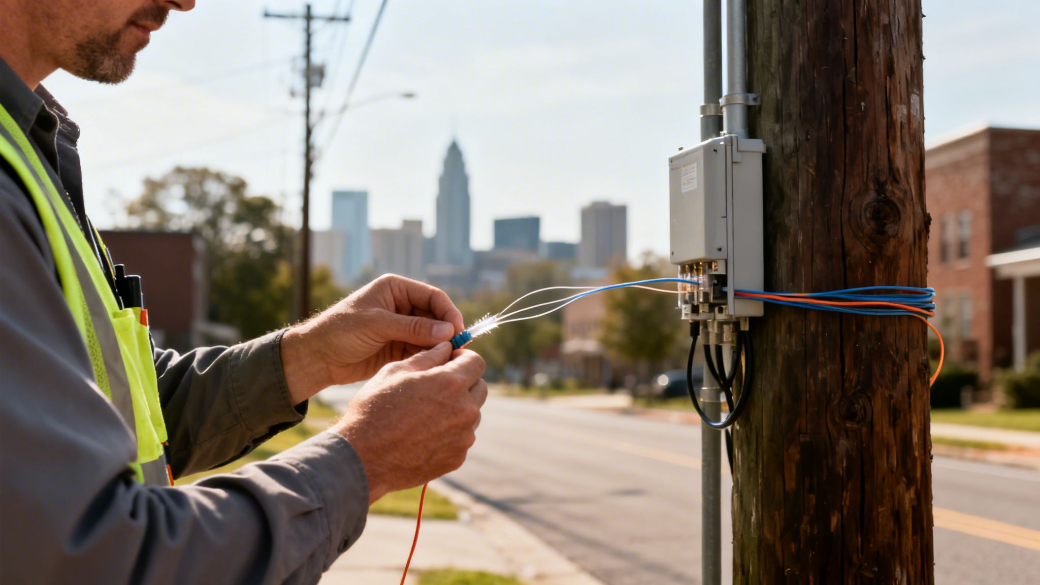 Technician in a safety vest connecting fiber optic cables on a utility pole with a city skyline.