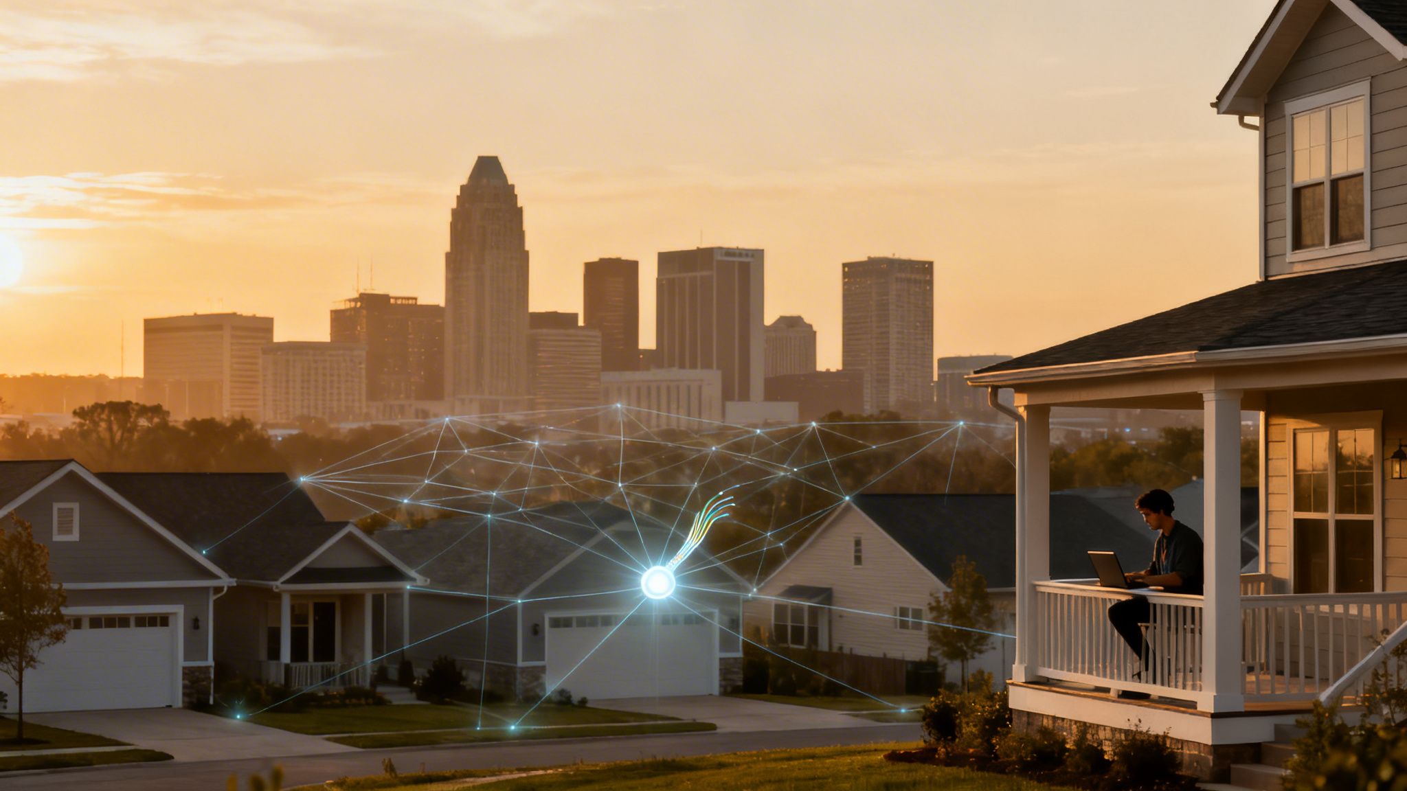 Man on porch with laptop, connected to smart home network in suburban setting at sunset.