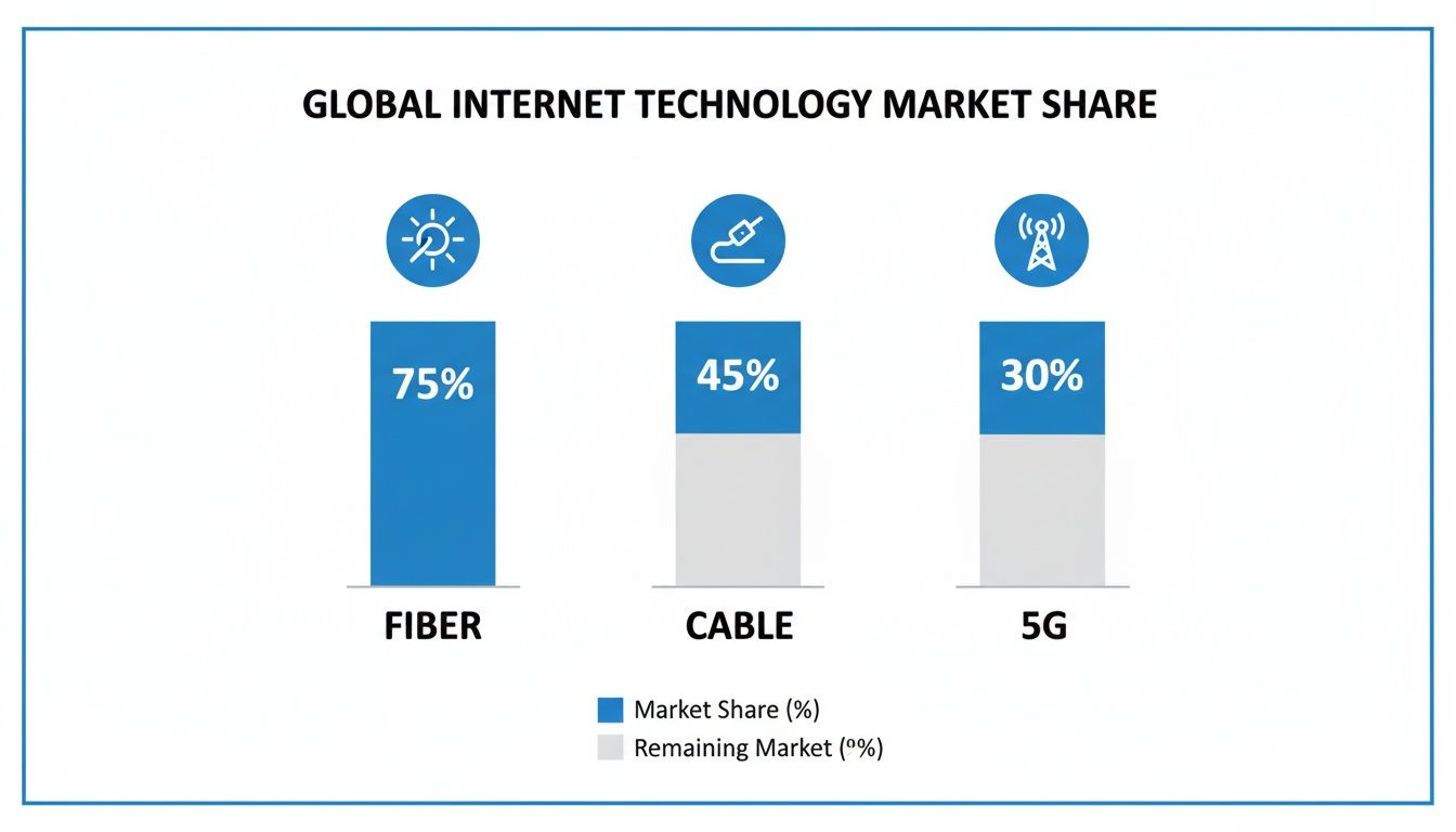 Bar chart showing global internet technology market share for Fiber (75%), Cable (45%), and 5G (30%).