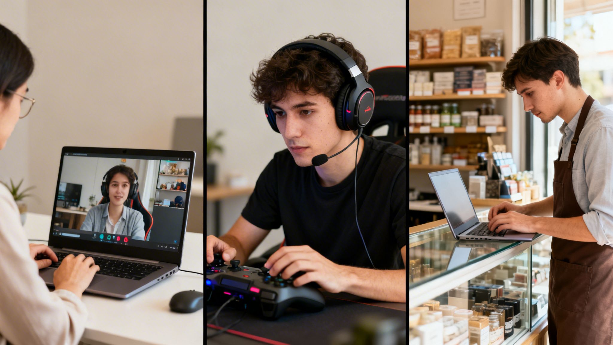Three people engaged in different activities: a video call, gaming, and working in a shop.