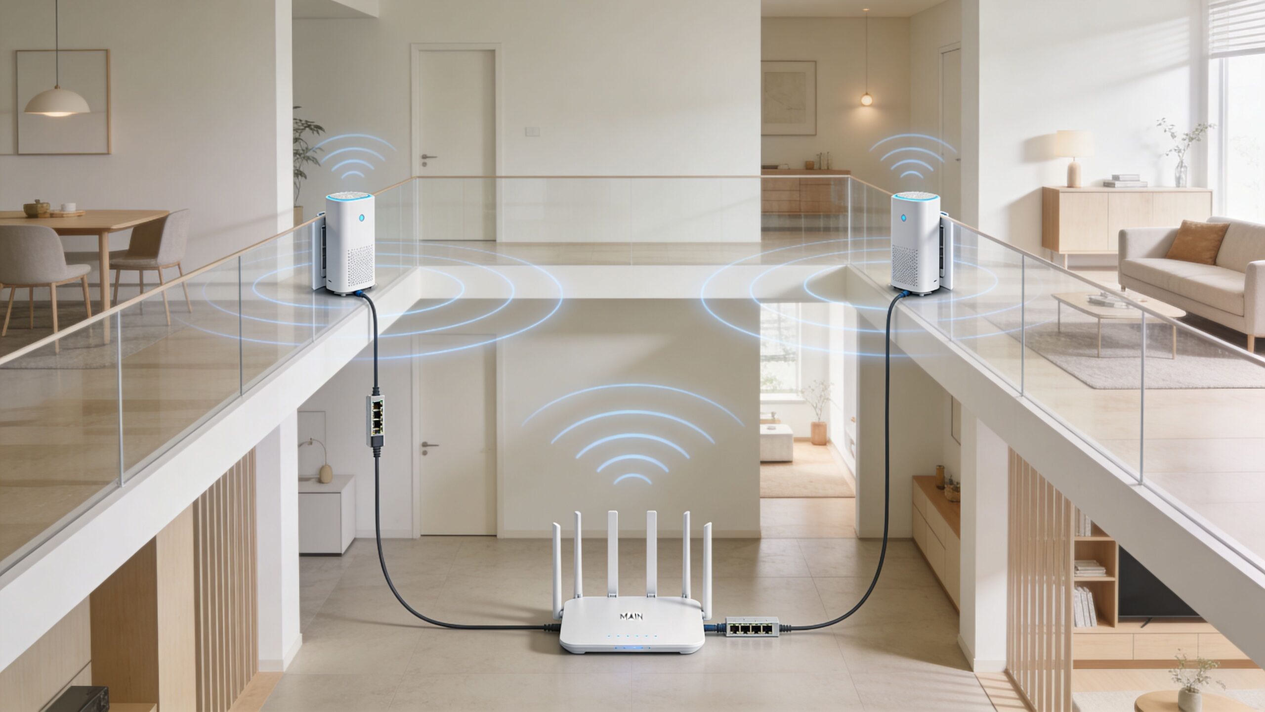 A modern home interior illustrating an optimum router setup with wireless mesh extenders connected to a main router.