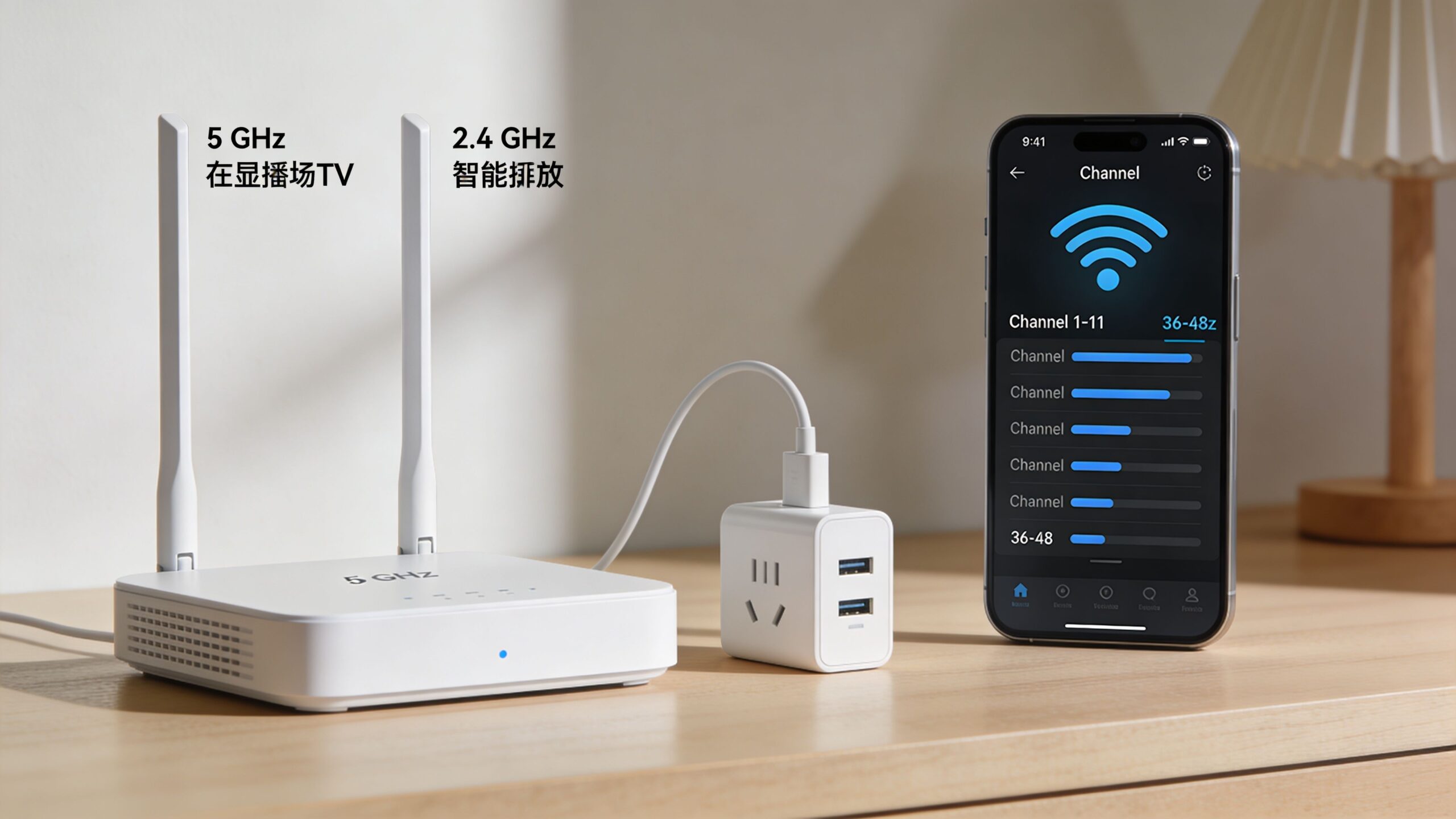 A wireless router with two antennas next to a USB power adapter and a smartphone displaying channel settings.