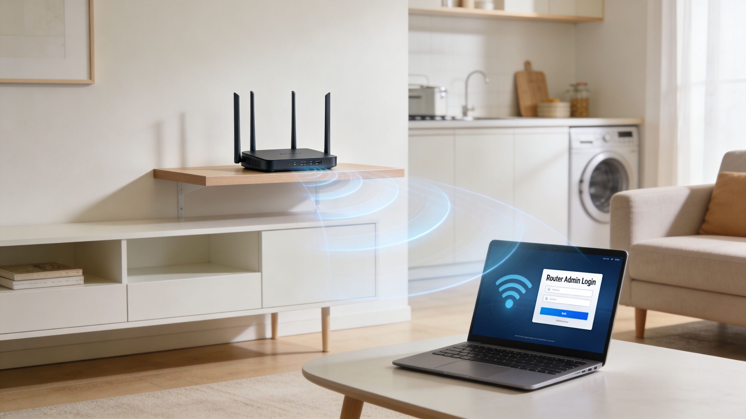 A modern wireless router setup connected to a laptop showing an administrator login screen in a bright living room.