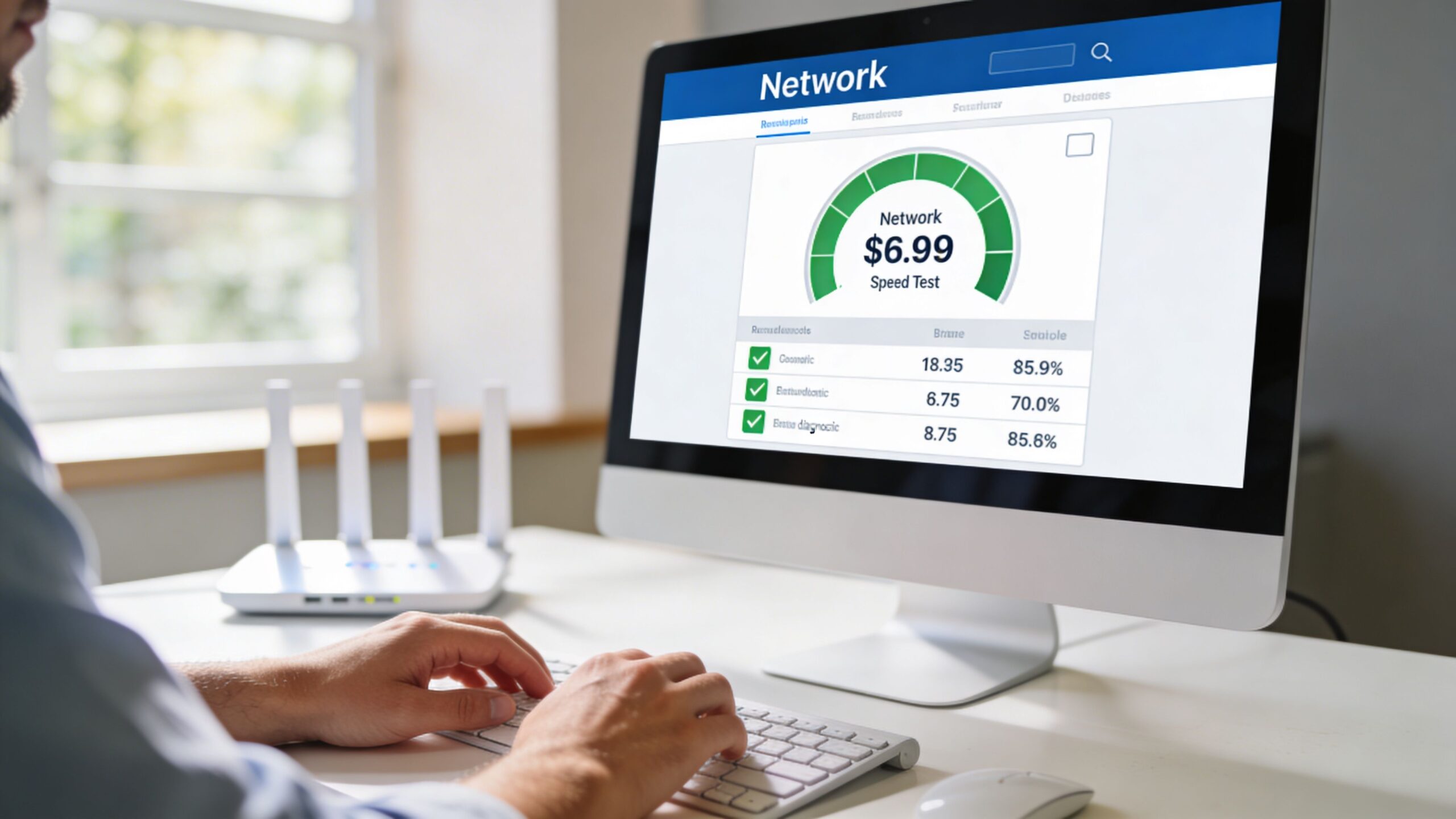 A person working at a desk with a computer displaying network speed test results and a Wi-Fi router.