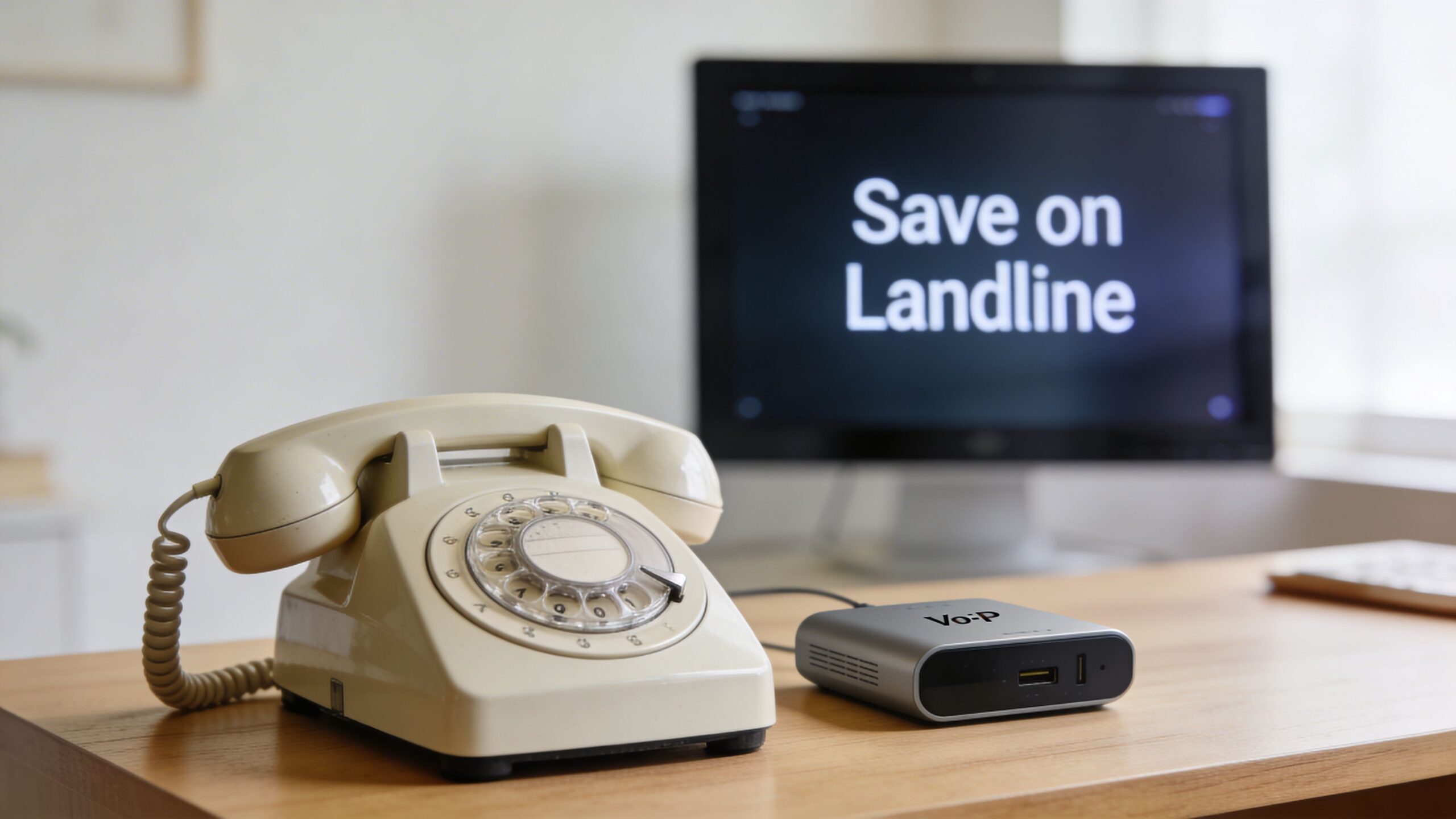 A vintage rotary telephone connected to a modern VoP adapter sitting on a wooden desk with a computer monitor.