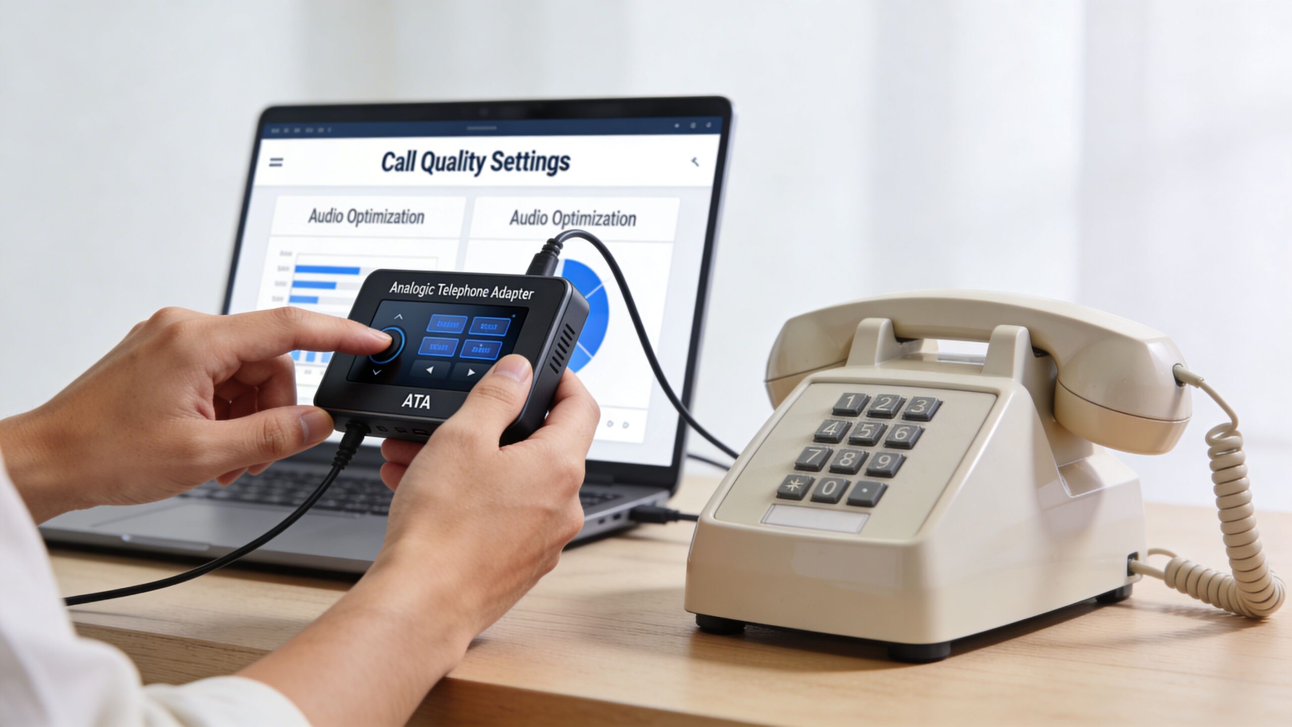A person holds an analog telephone adapter connected to a laptop and a vintage landline desk phone.