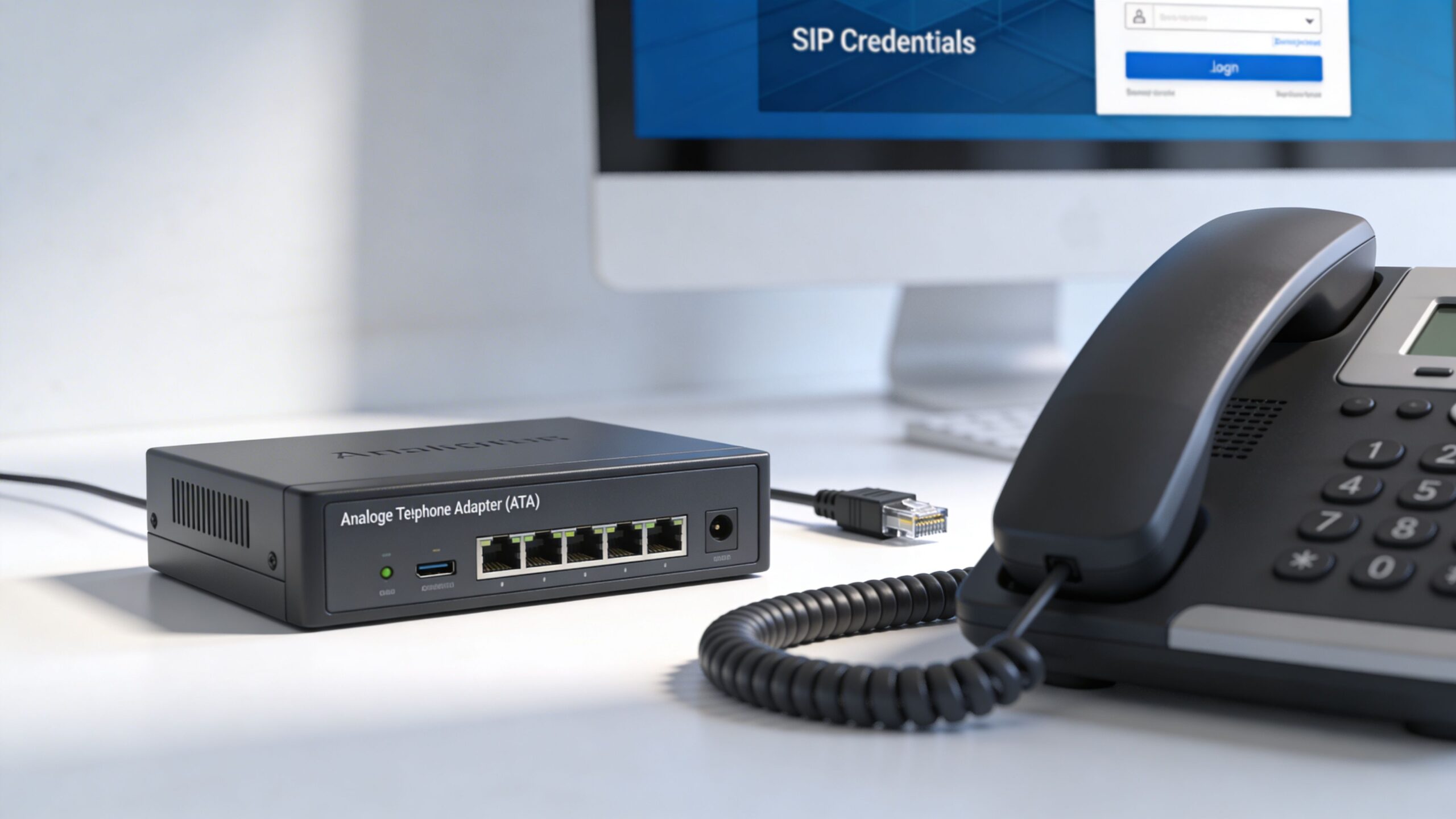 An analog telephone adapter connected to a VoIP desk phone on a white office desk next to a computer.