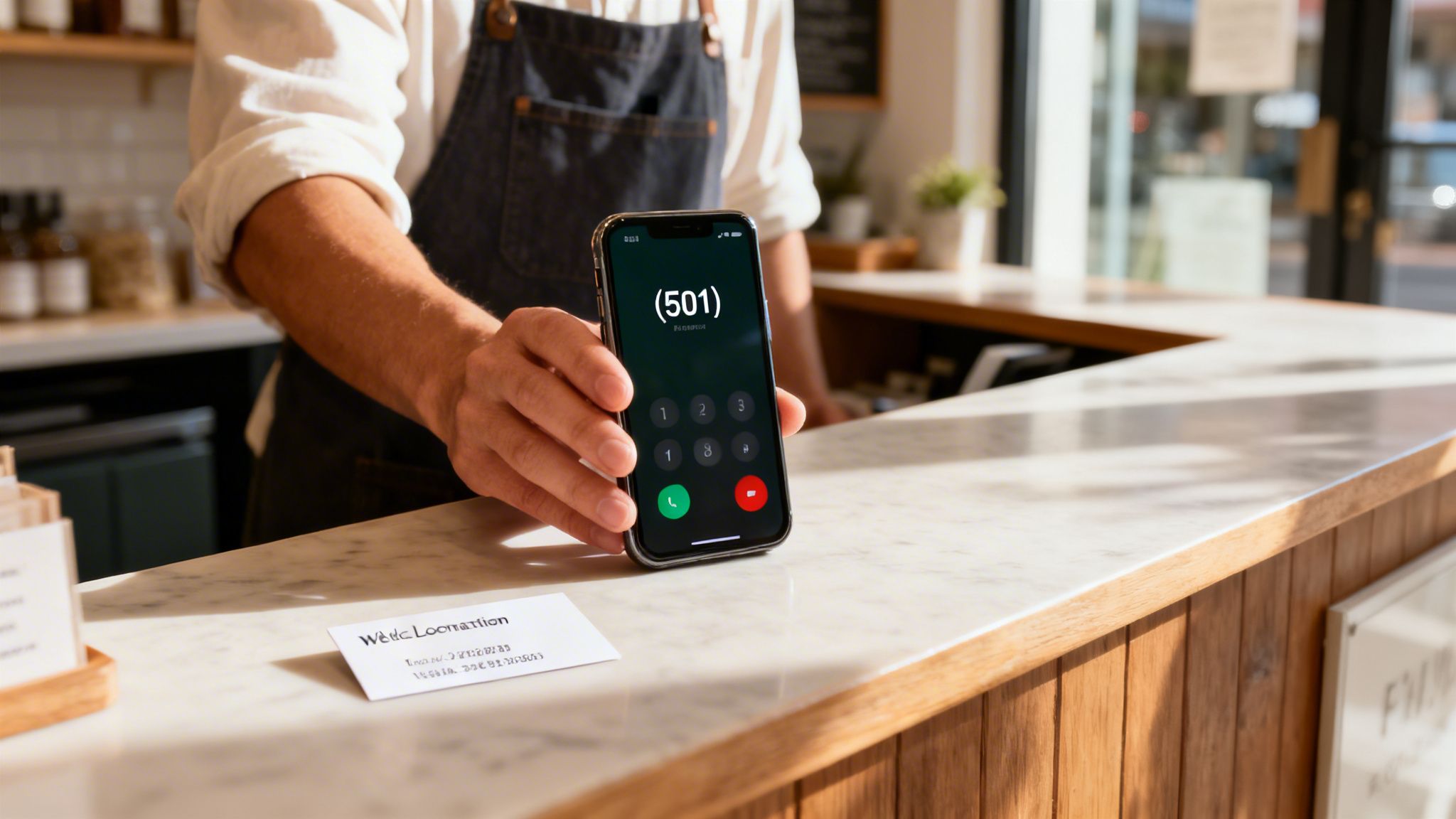 A barista holds a smartphone displaying a call with the (501) area code in a modern cafe.
