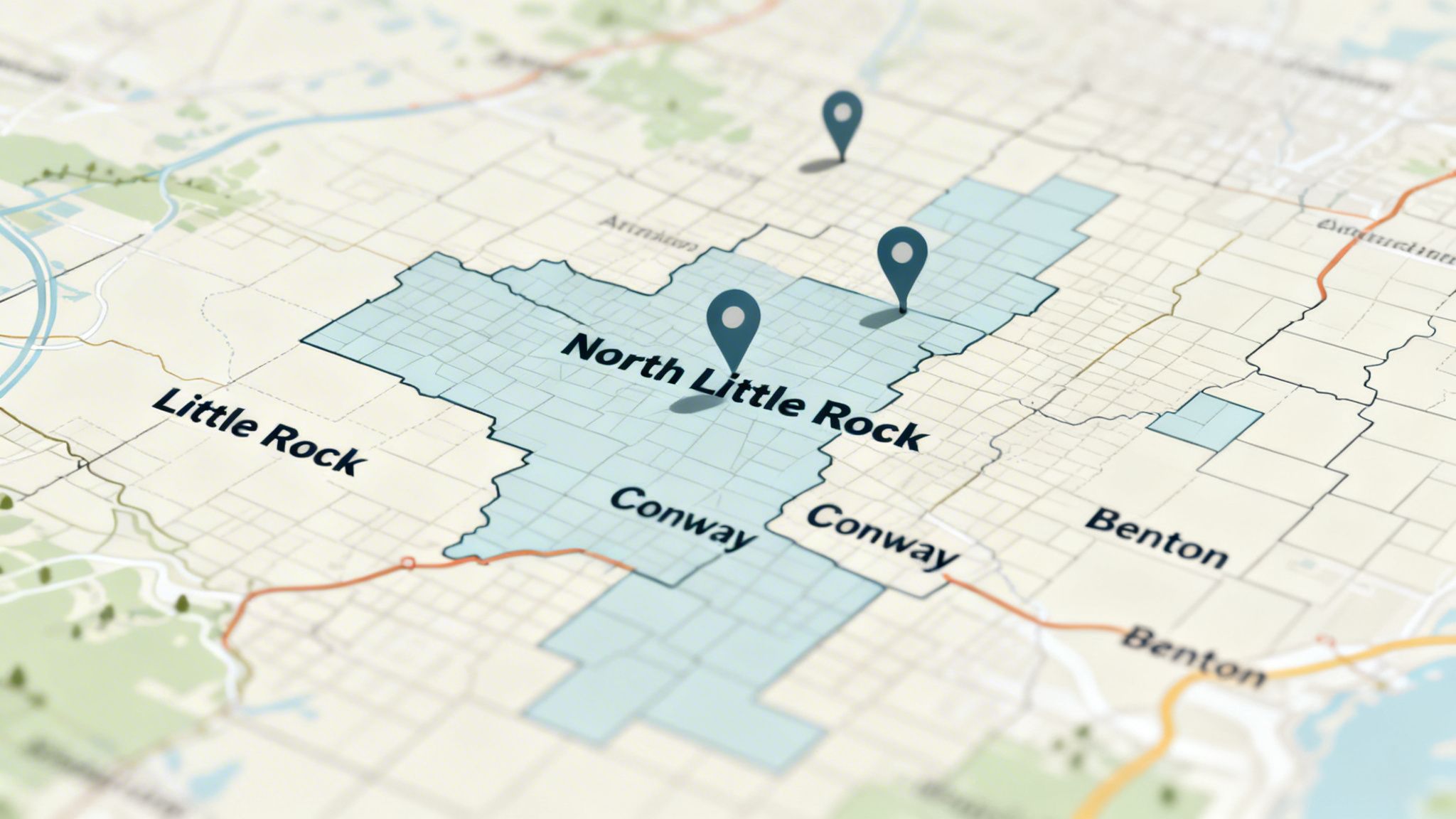 A tilted map showing North Little Rock, Little Rock, Conway, and Benton with three location pins.