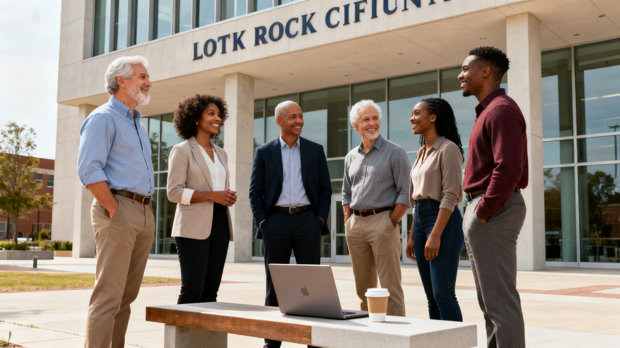 Six diverse professionals stand outside a university building with a laptop and coffee.