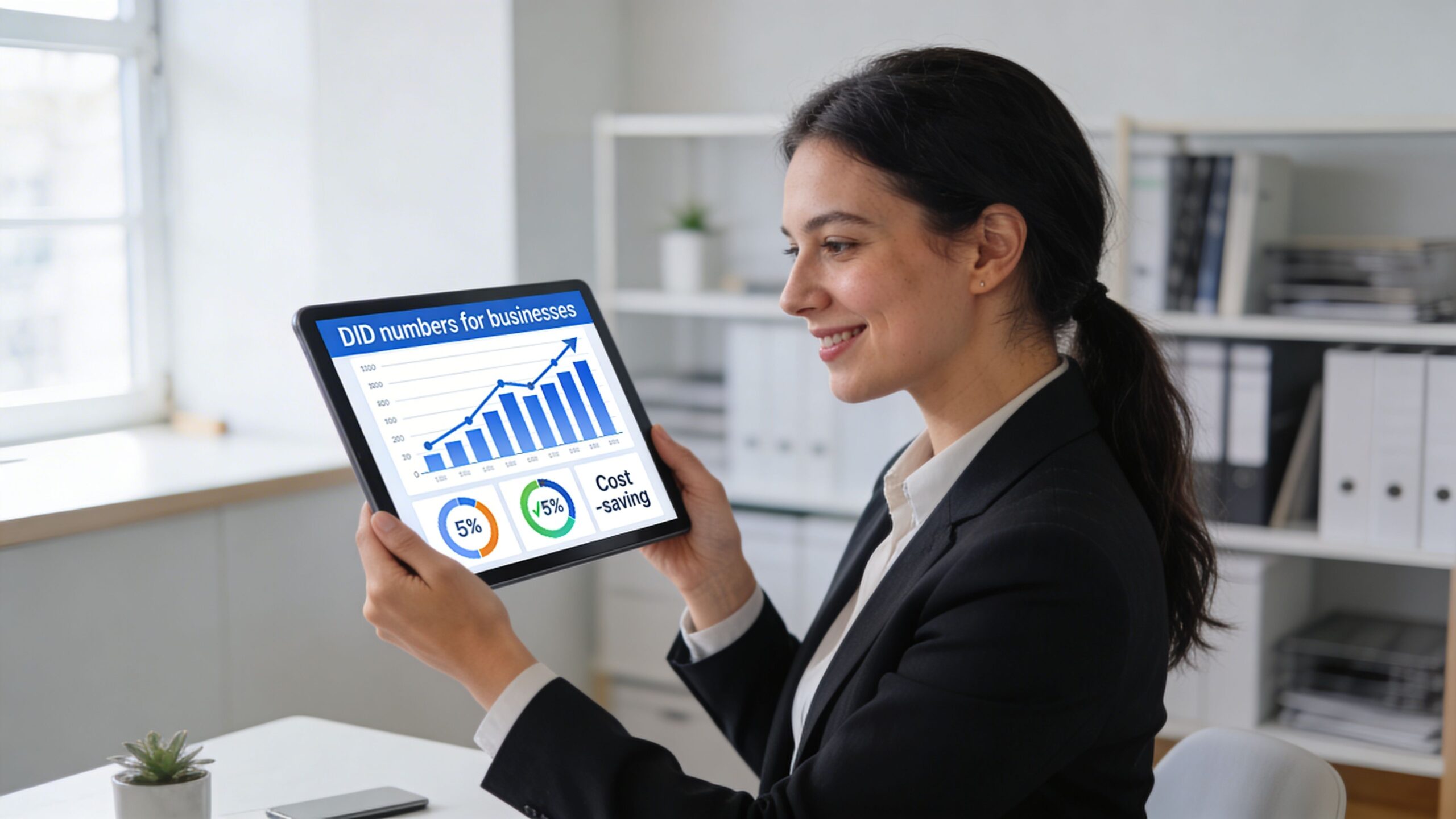 A professional woman in a business suit holding a tablet displaying data visualization for DID numbers.