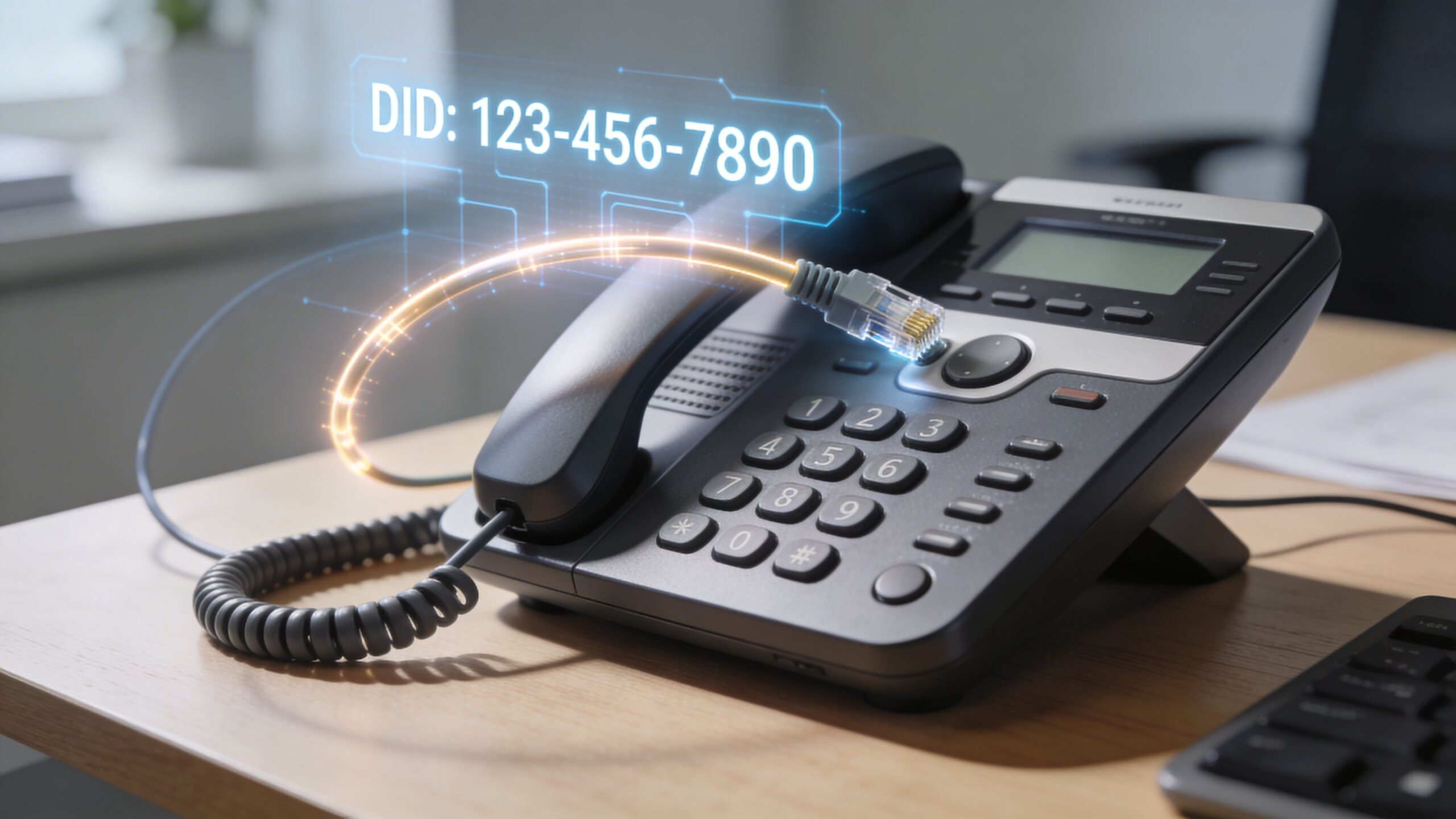 A modern office desk telephone connected to a digital DID number graphic hologram display.