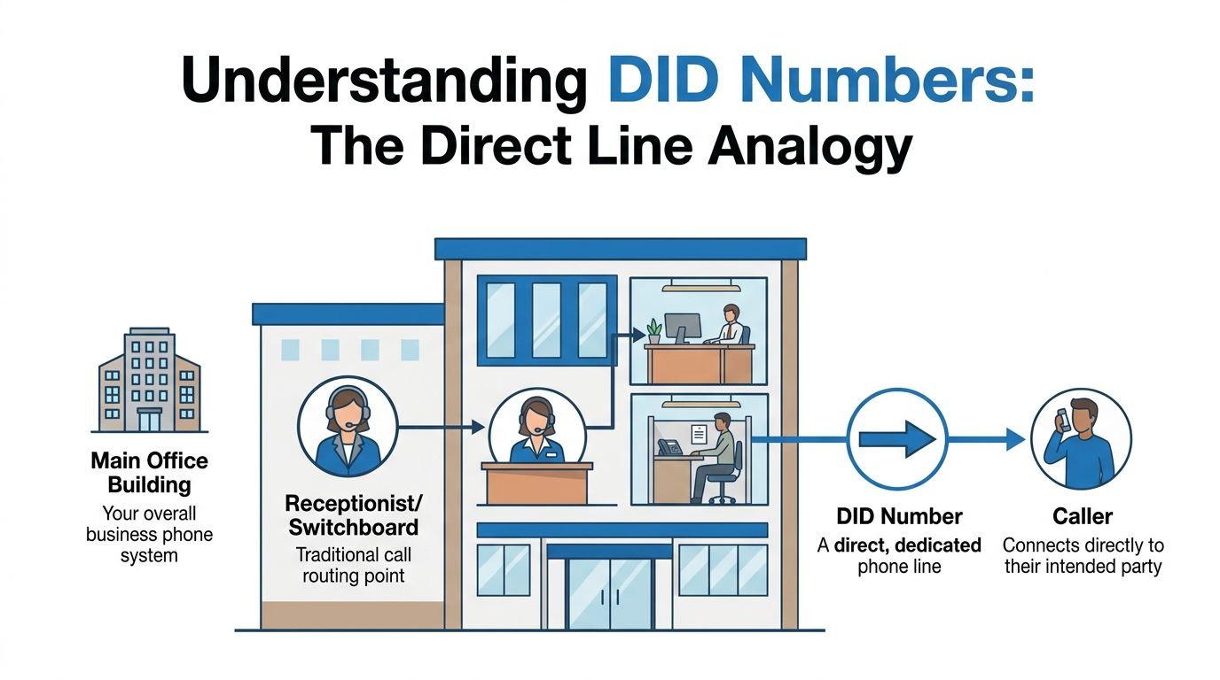 A diagram comparing a traditional office switchboard to a direct inward dialing phone number system.