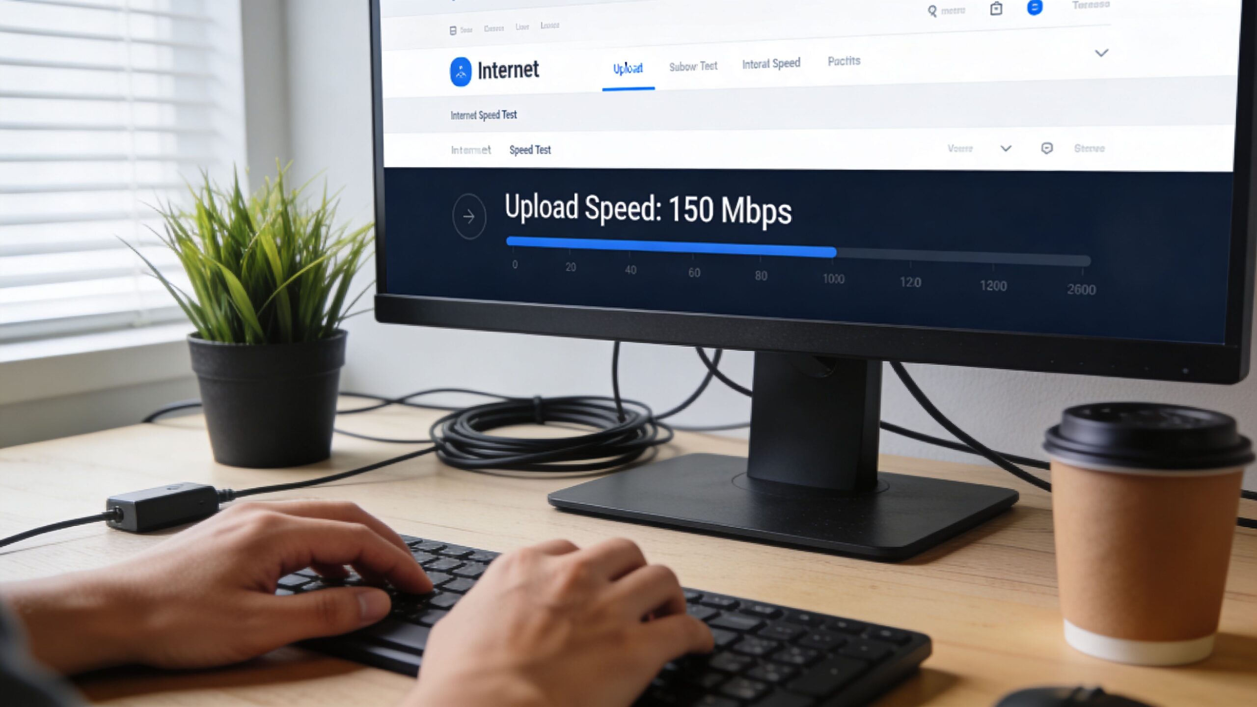A person typing on a computer keyboard in front of a screen displaying an internet upload speed test.