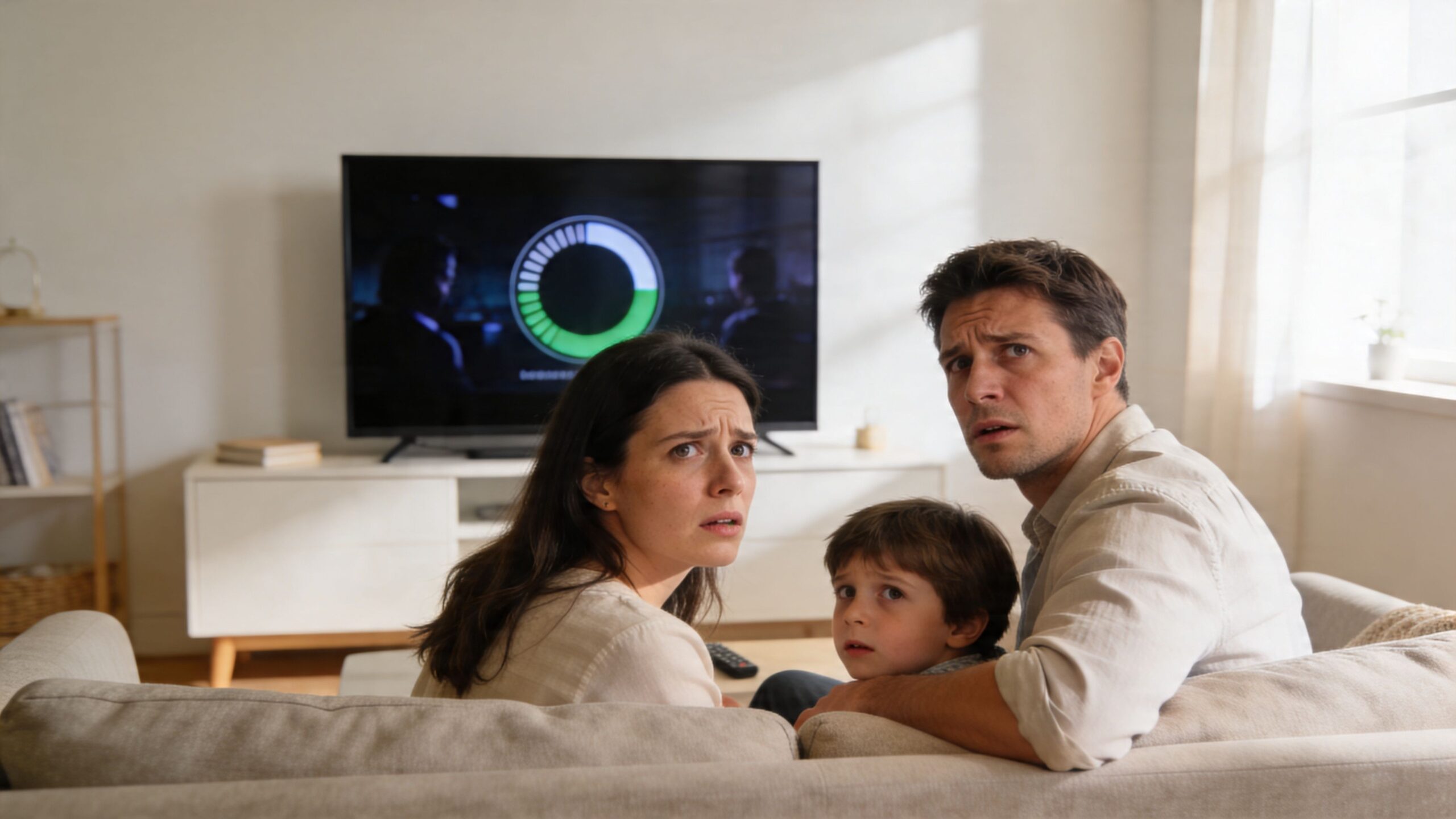 A concerned family looking at a television screen showing a slow internet connection buffering icon.
