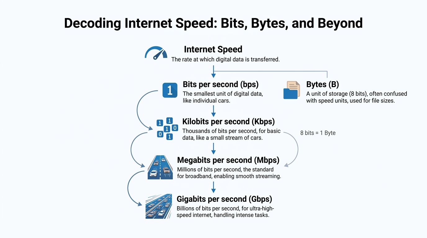 An infographic explaining internet speed units like bits per second, kilobits, megabits, and gigabits with definitions.