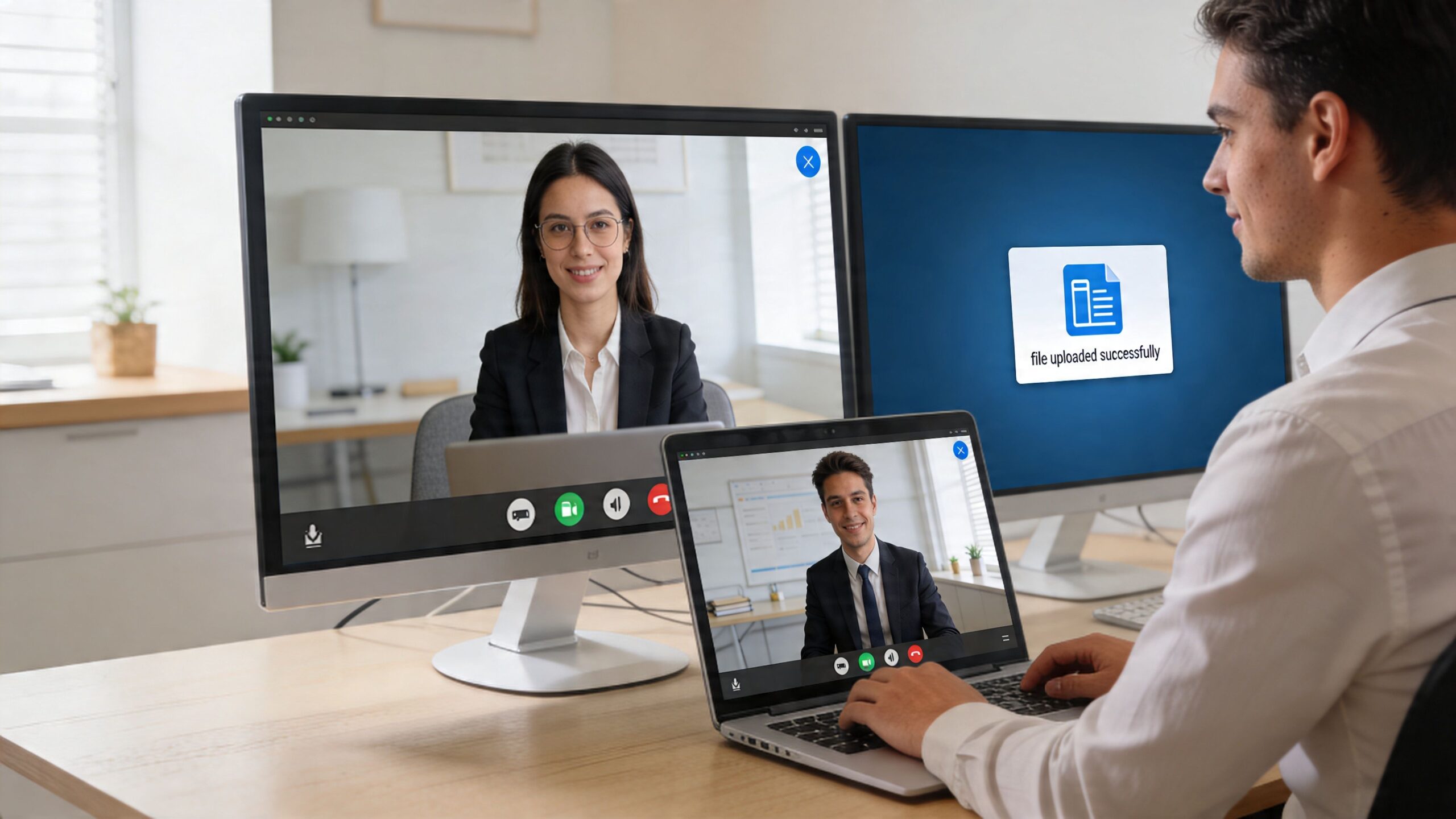 A professional man participates in a video conference call while working on his laptop and computer setup.
