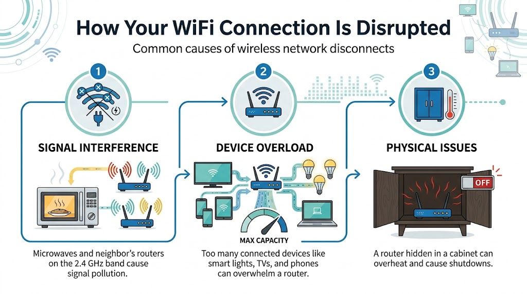 An infographic showing three common causes of WiFi signal disruptions including signal interference, device overload, and overheating.