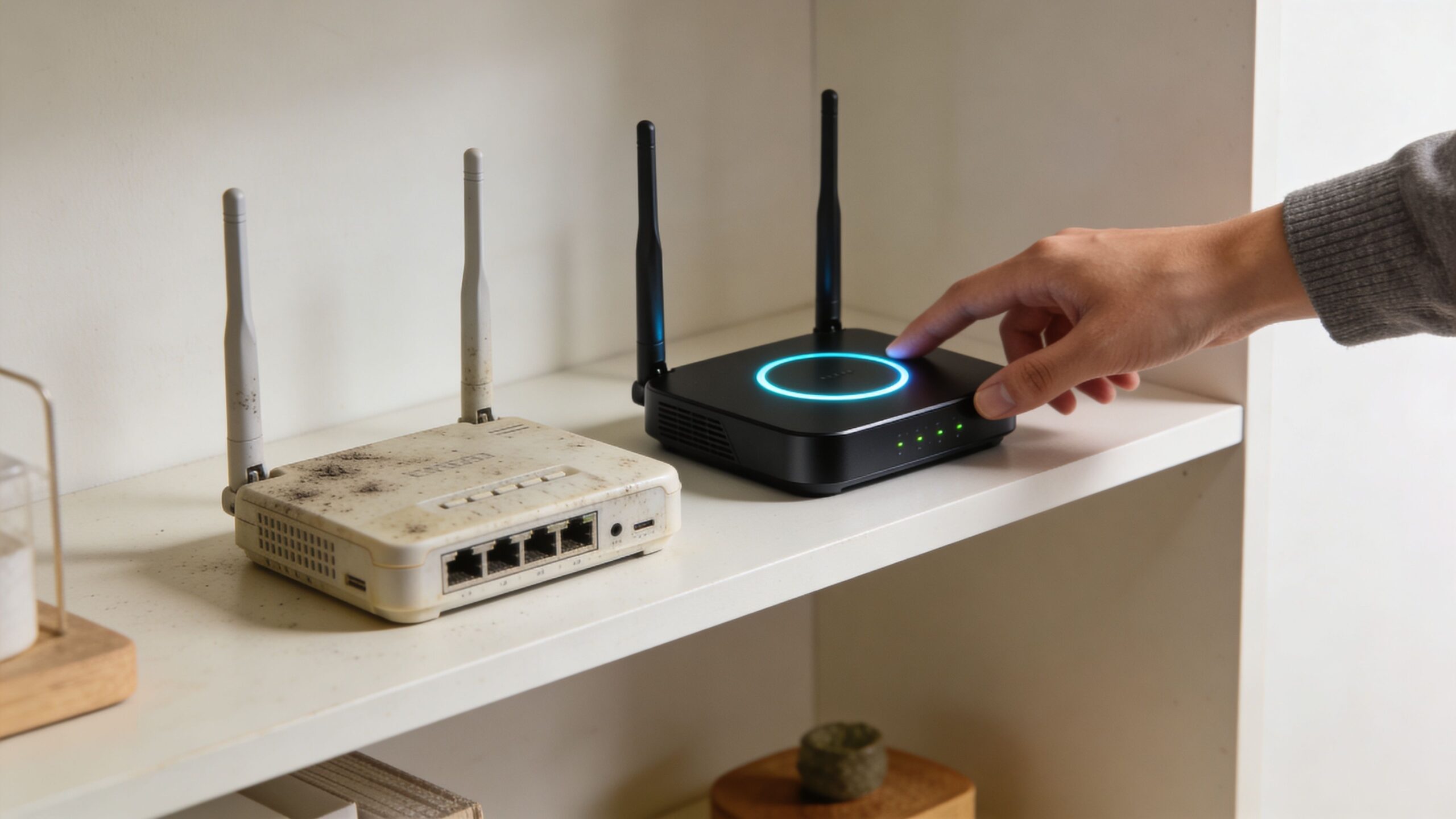 A person's hand touches a modern black Wi-Fi router next to an old, dirty white router.