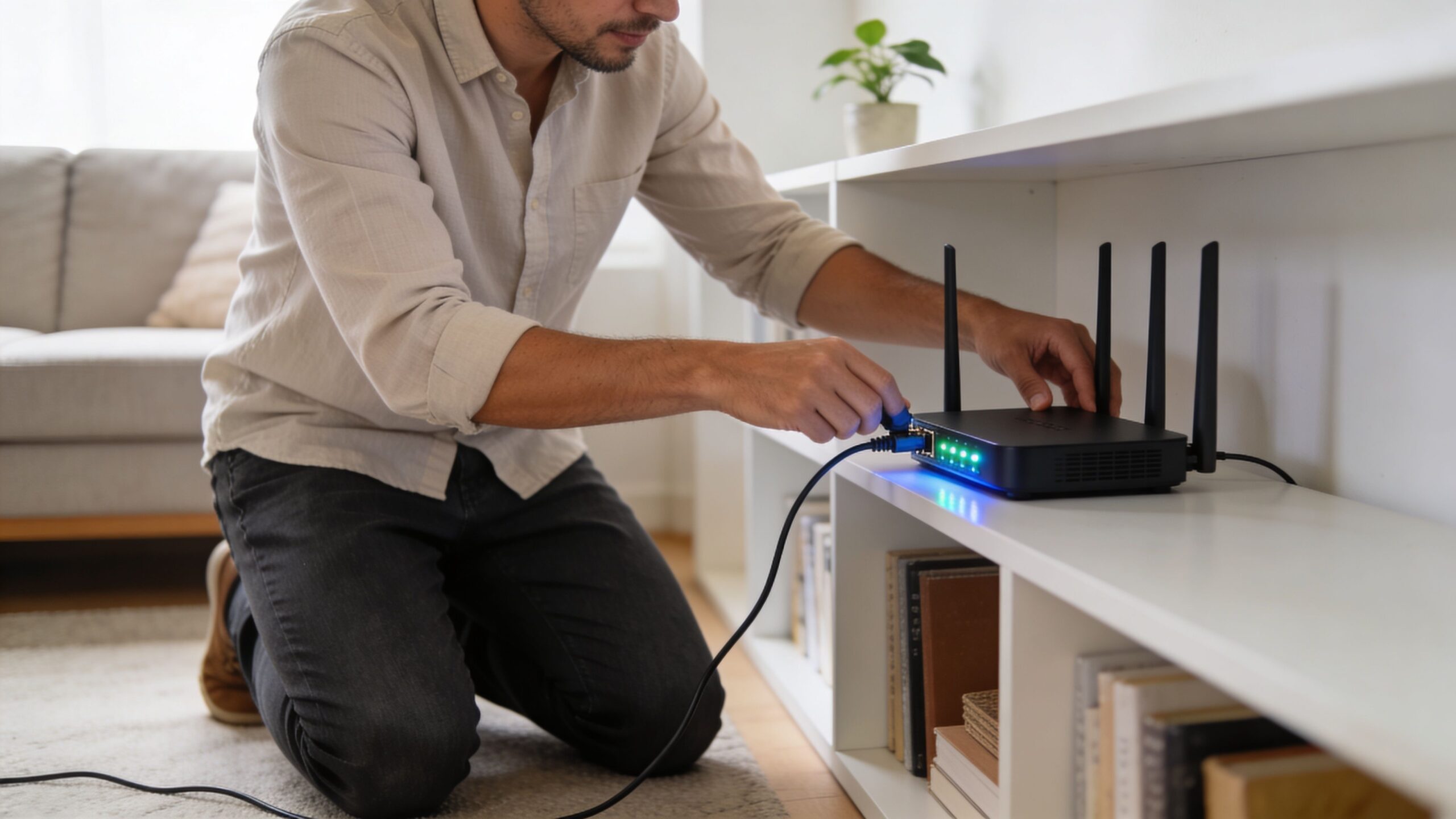 A man kneeling on a rug and connecting an ethernet cable into a home wireless router.