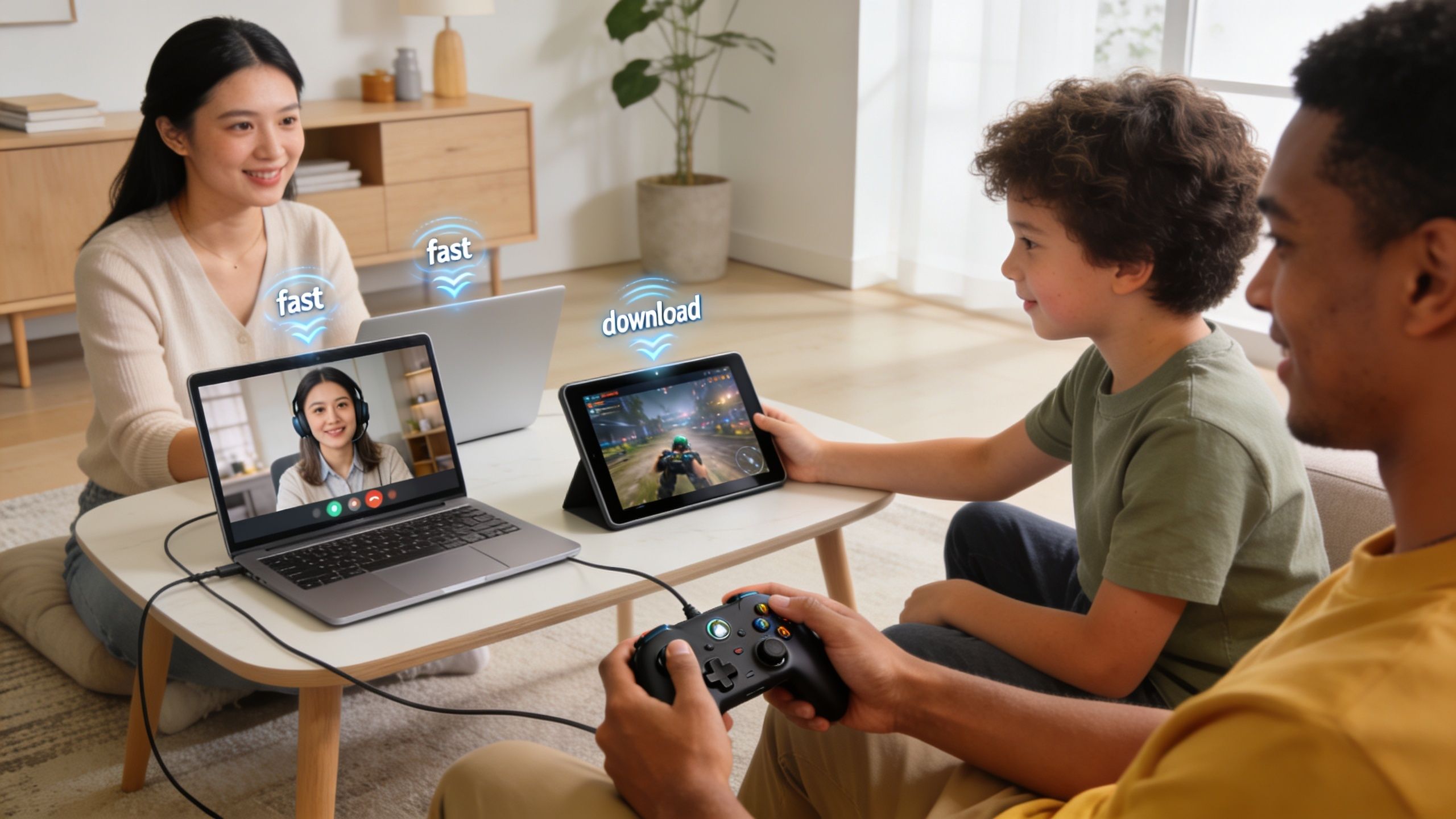 A woman on a video call and a family playing video games with high-speed internet connectivity.