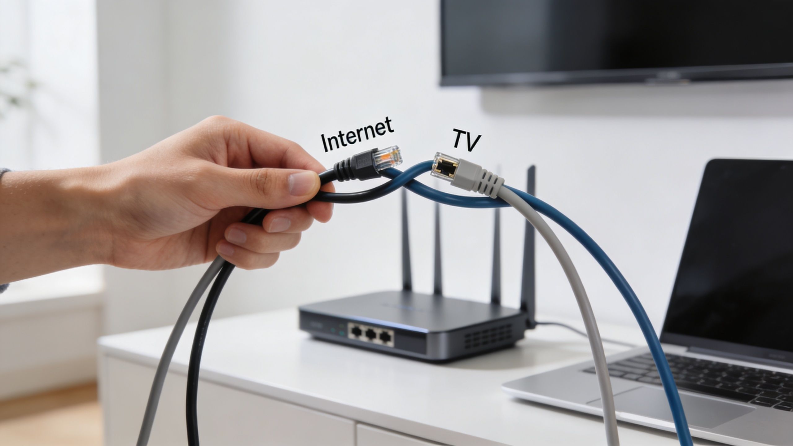 A hand holding two Ethernet cables labeled Internet and TV in front of a network router