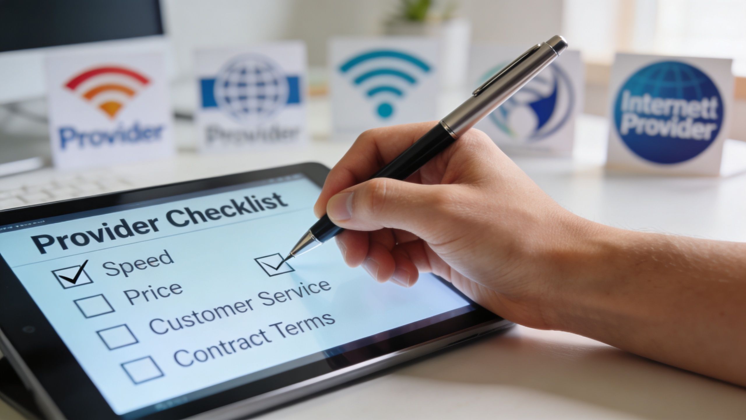 A person using a stylus to check boxes on a digital internet provider checklist on a tablet.