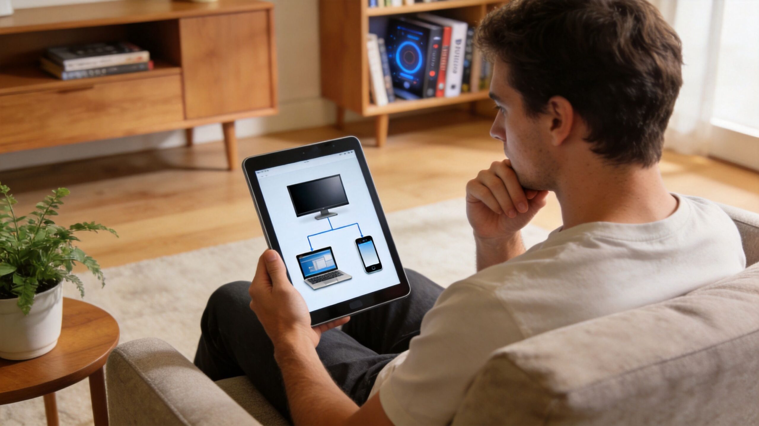 A man sitting on a couch, holding a tablet displaying a diagram connecting devices wirelessly.
