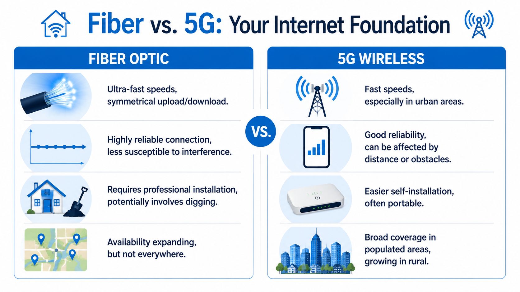 A comparison infographic between fiber optic internet and 5G wireless technology, highlighting their pros and cons.