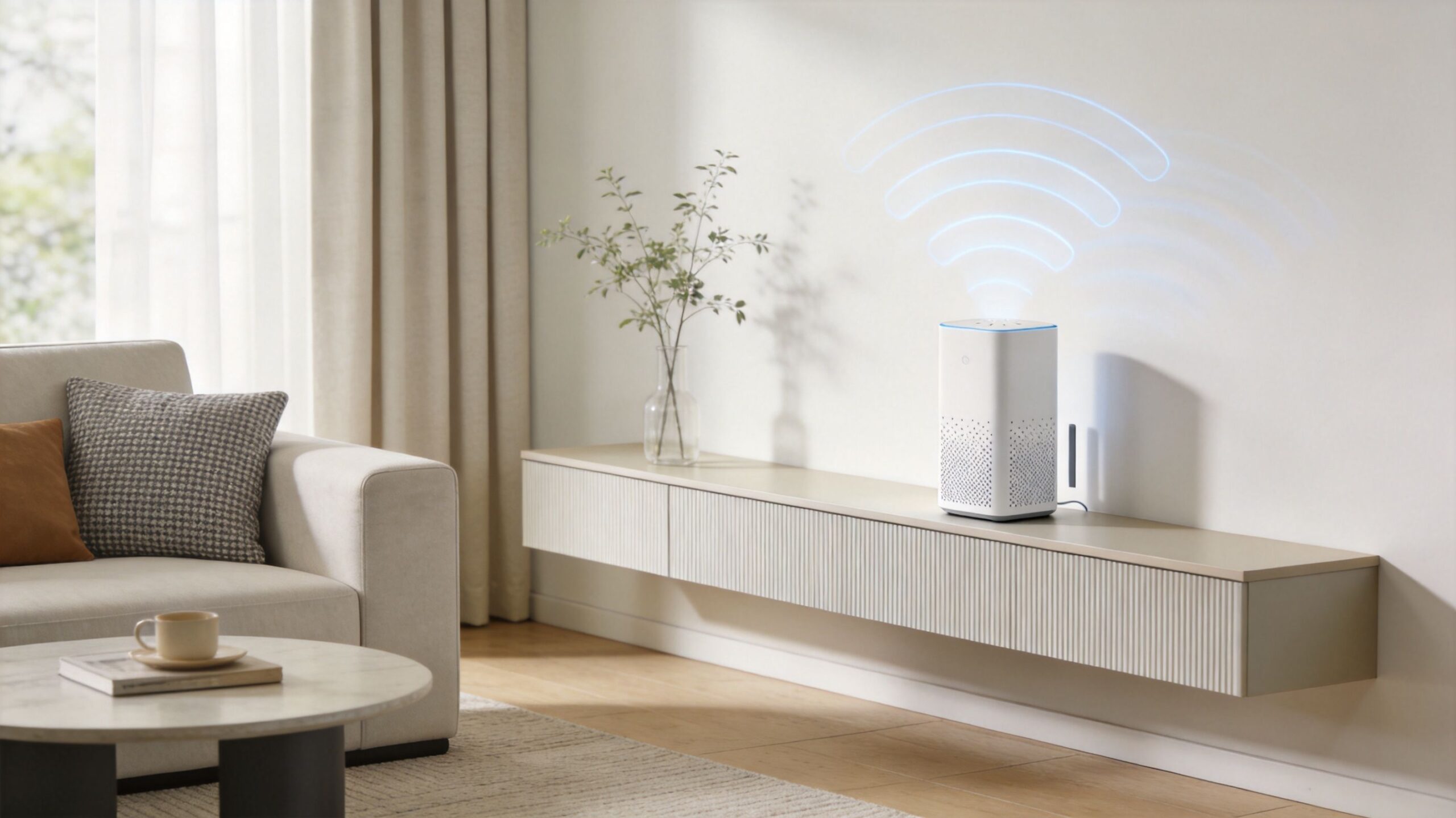 A modern smart wireless home router sitting on a sleek shelf in a bright living room.