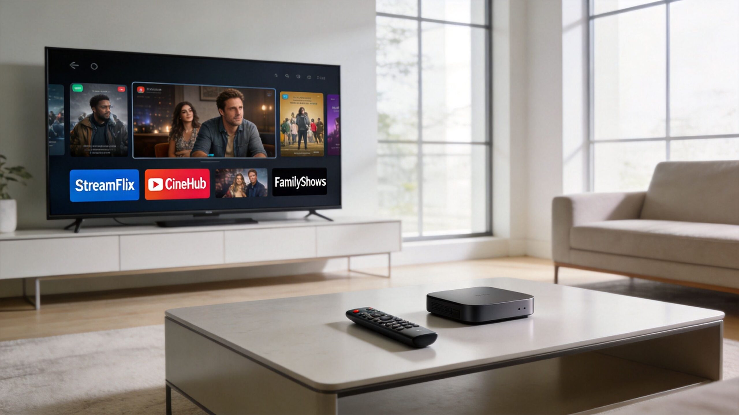 A modern living room with a large smart television and a streaming media player on a coffee table.