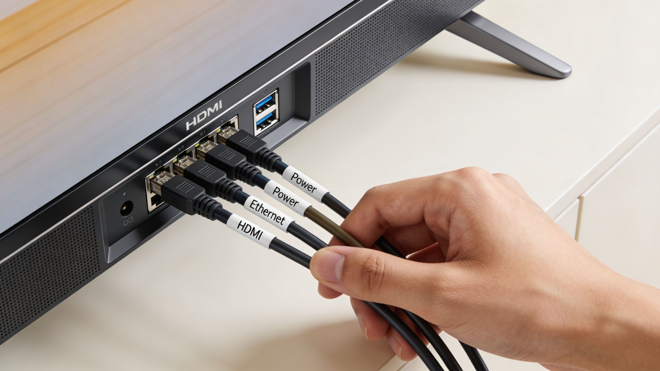 A hand holding and organizing labeled power, ethernet, and HDMI cables connected to a television monitor.
