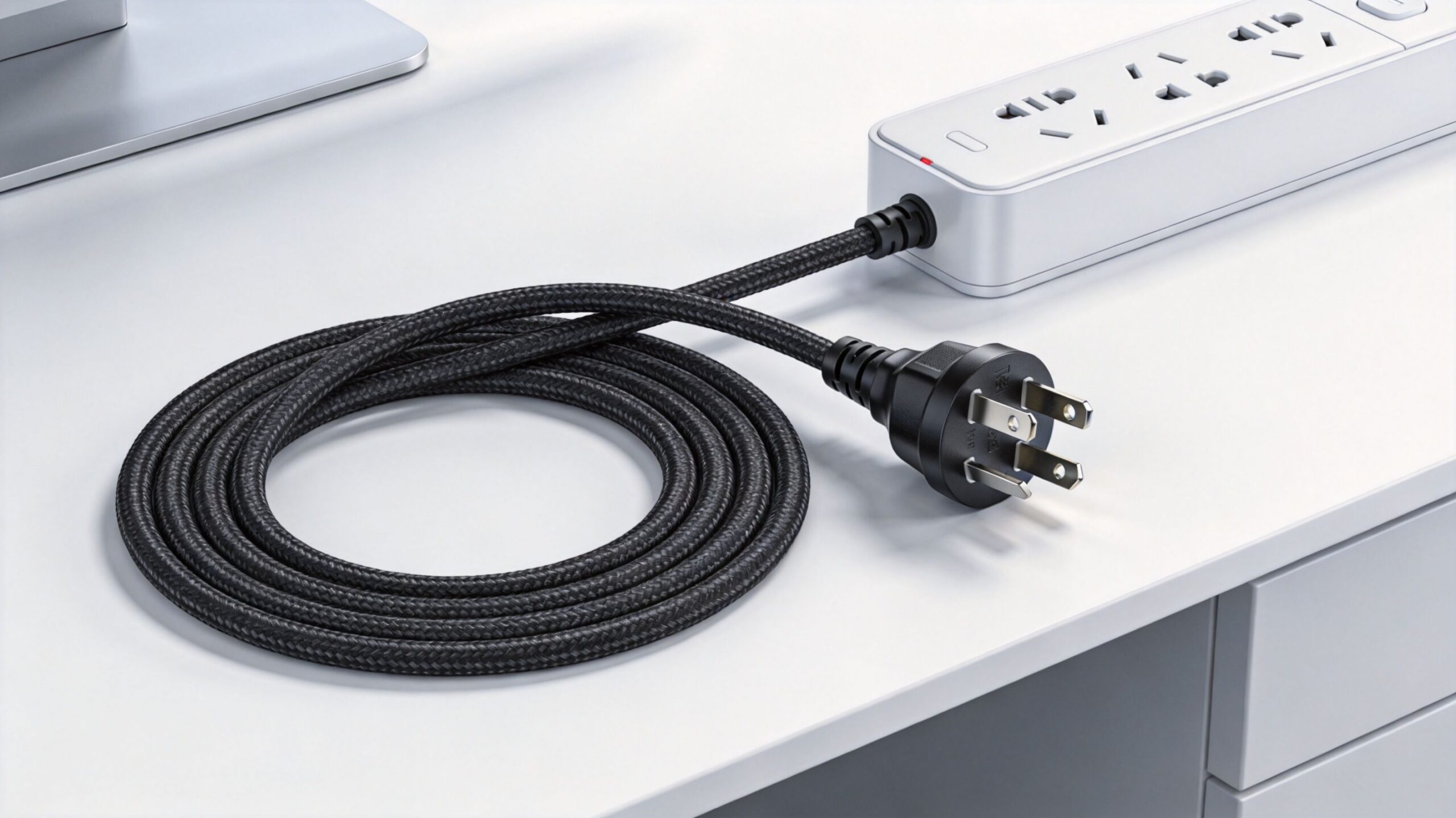 A coiled black braided power extension cord with a three-prong plug sitting on a white desk.