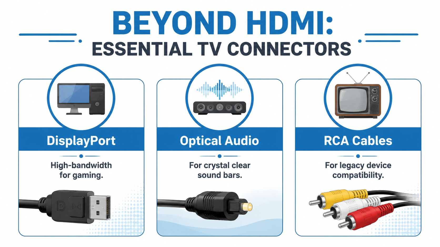 A visual guide explaining various TV connector types including DisplayPort, optical audio, and legacy RCA cables.