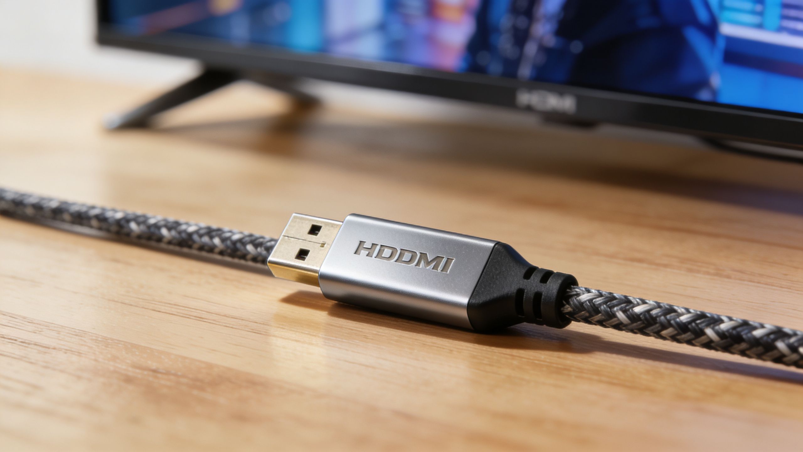 A close-up of a braided USB-style connector labeled HDDMI resting on a wooden table near a television.
