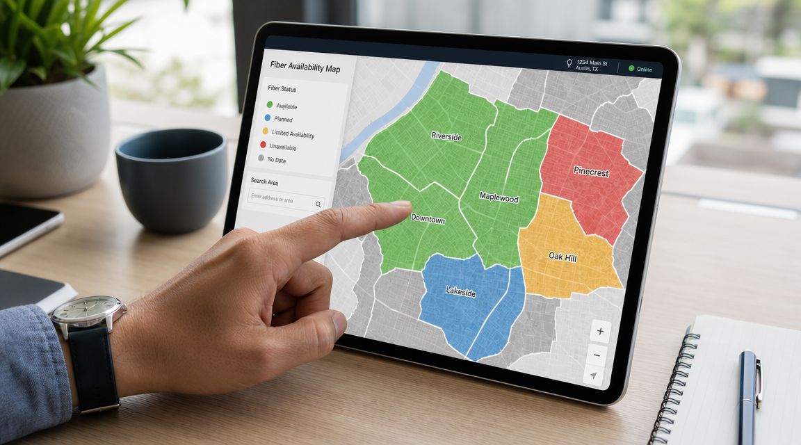 A person pointing at a tablet screen displaying a fiber internet availability map of neighborhoods.
