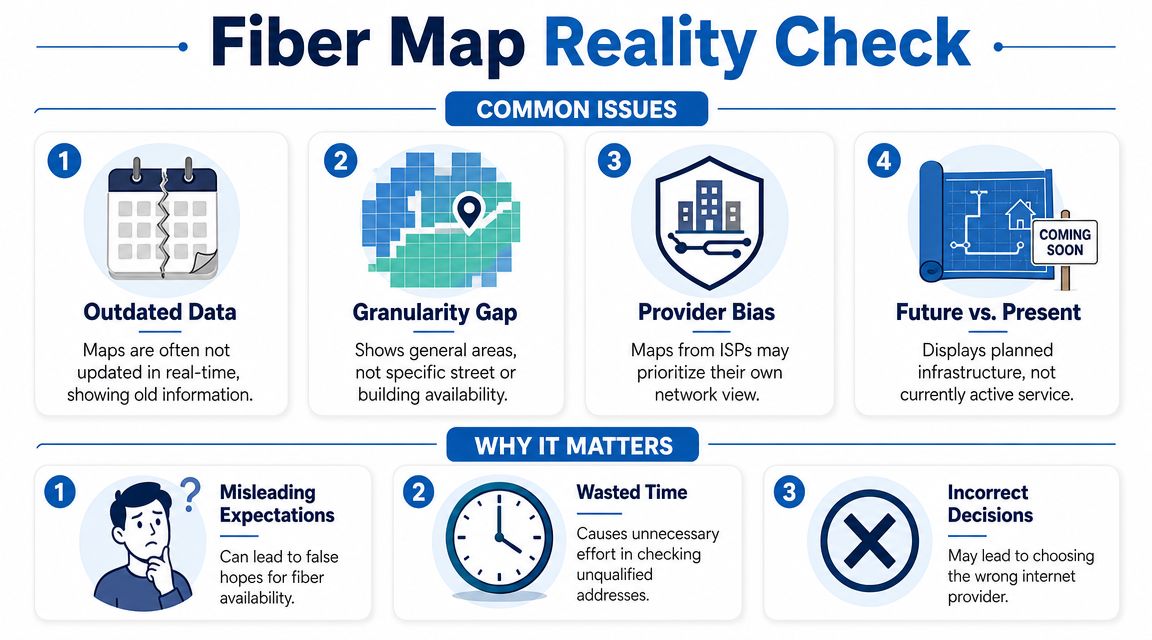 An infographic titled Fiber Map Reality Check illustrating common issues and impacts of fiber availability maps.