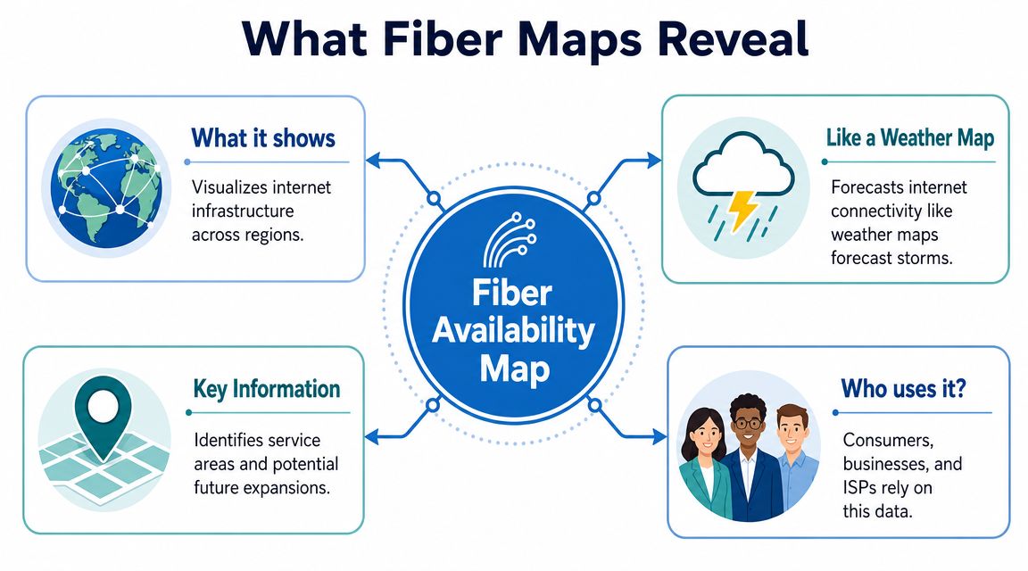 An infographic titled What Fiber Maps Reveal explaining the functions and utility of fiber availability map data.