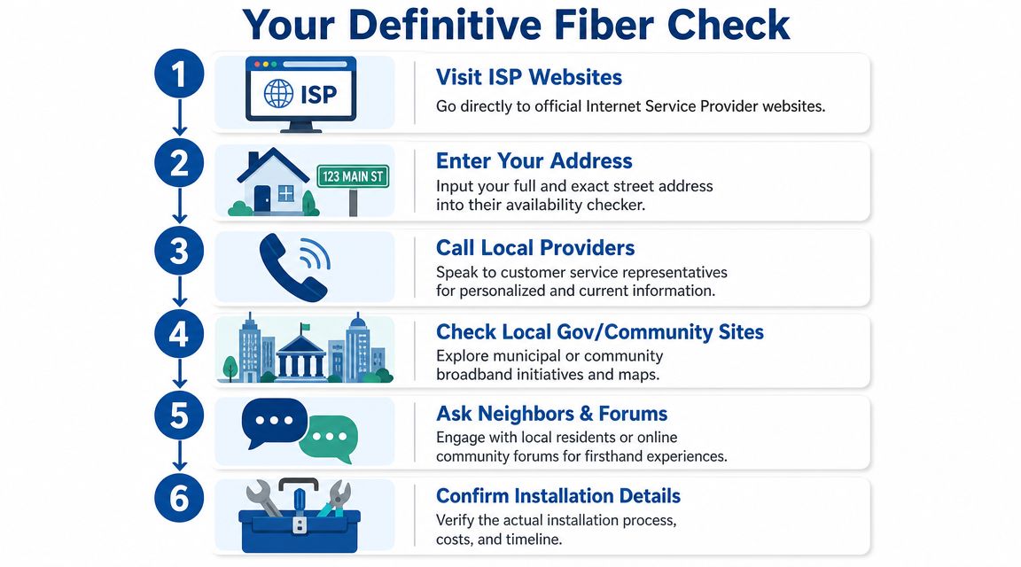 A six-step infographic guide explaining how to check for fiber internet availability at your home address.