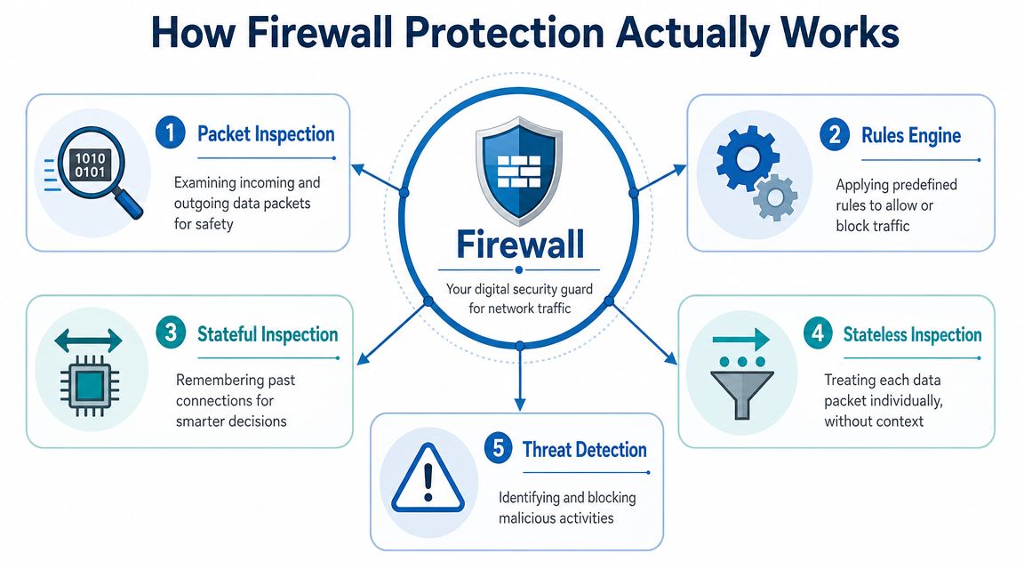 A diagram illustrating the five core mechanisms of how firewall protection secures network traffic and blocks threats.